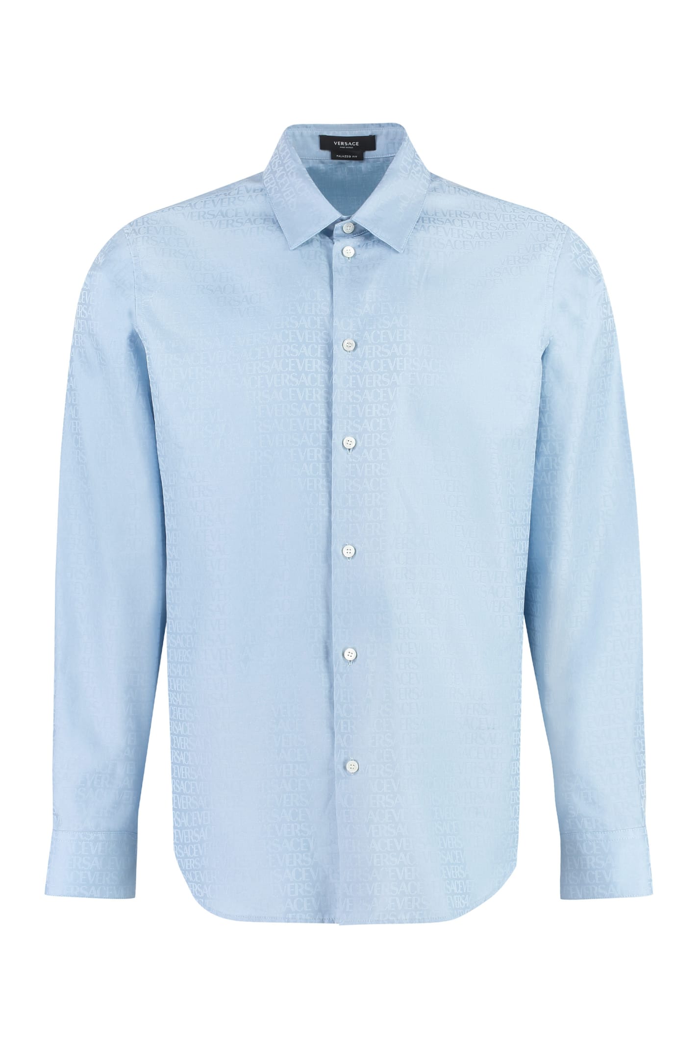 Shop Versace Printed Cotton Shirt In Light Blue