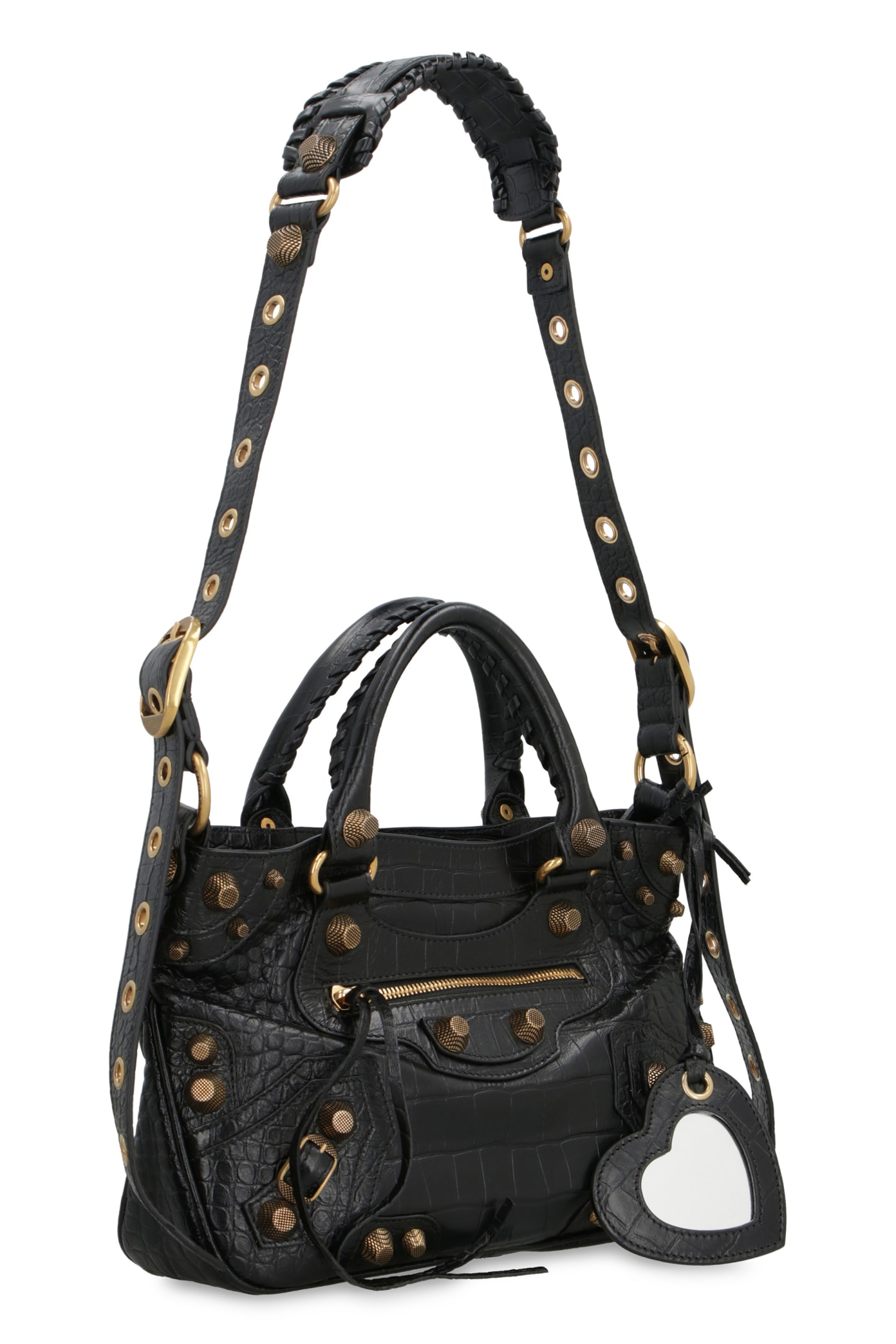 Balenciaga Green Leather Shoulder Handbag With Magnetic Closure And Metal Details In Black