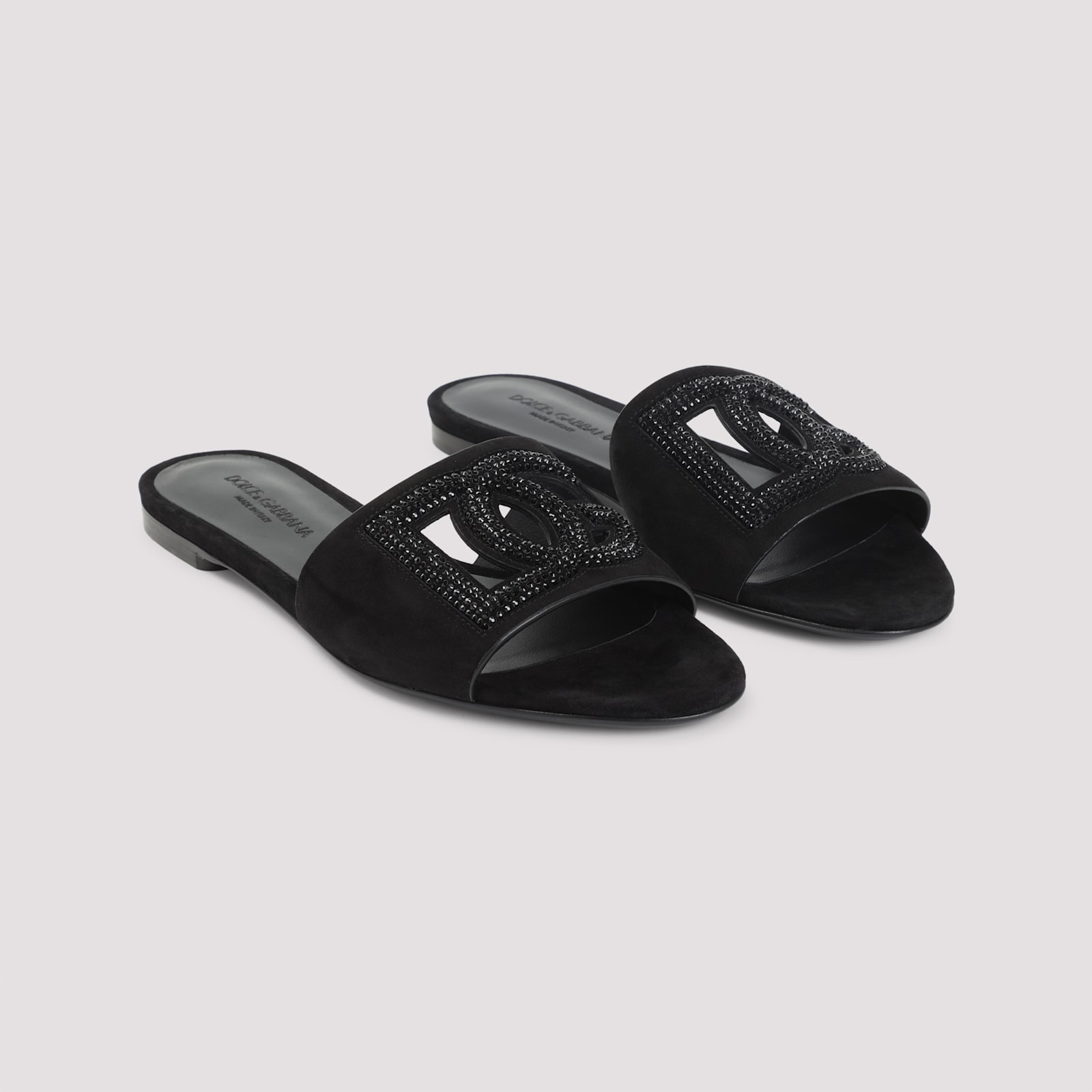 Dolce & Gabbana Black Goat Leather Slides With Signature Dg Logo In Black