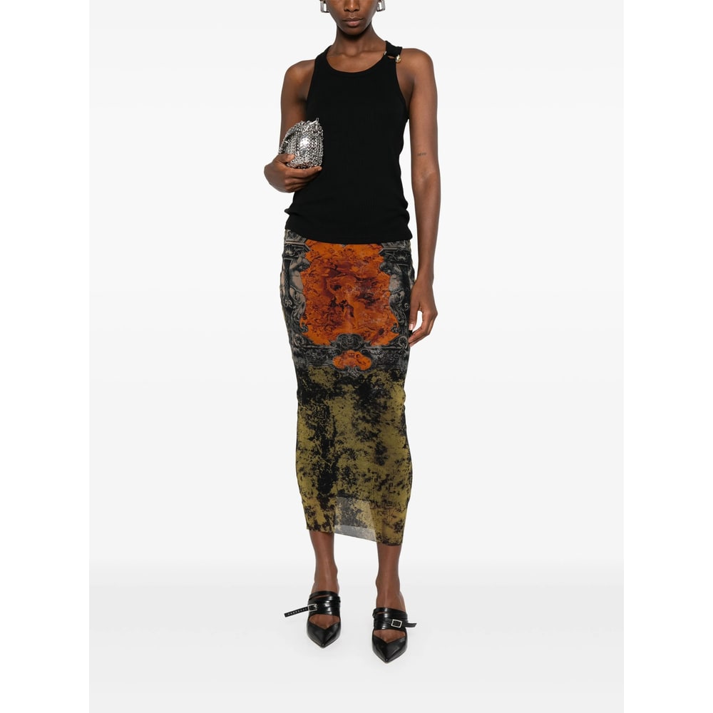 Jean Paul Gaultier Mesh Skirt With Graphic Print Overlay In Multi