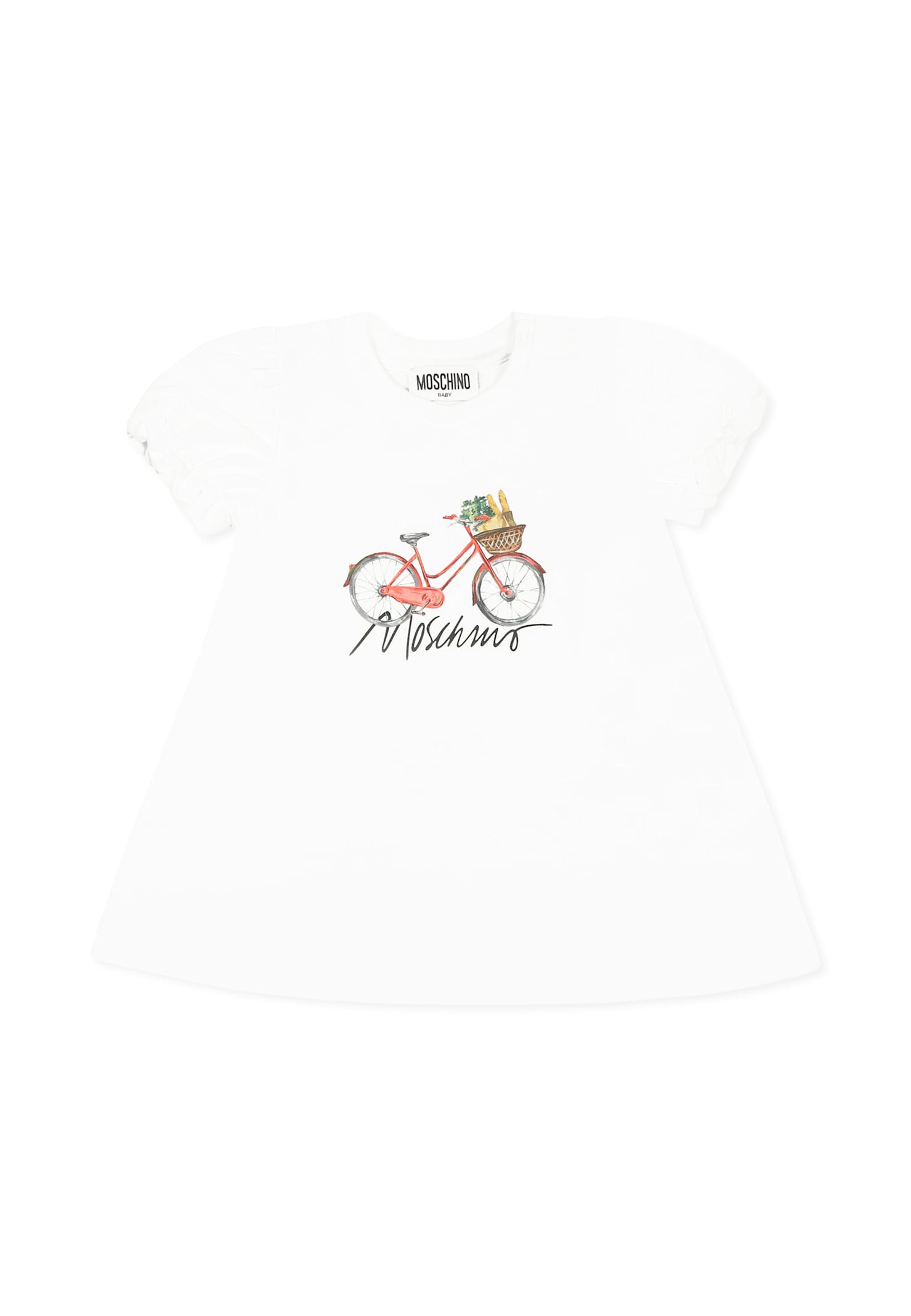 Moschino White Dress For Baby Girl With Bicycle Print In White