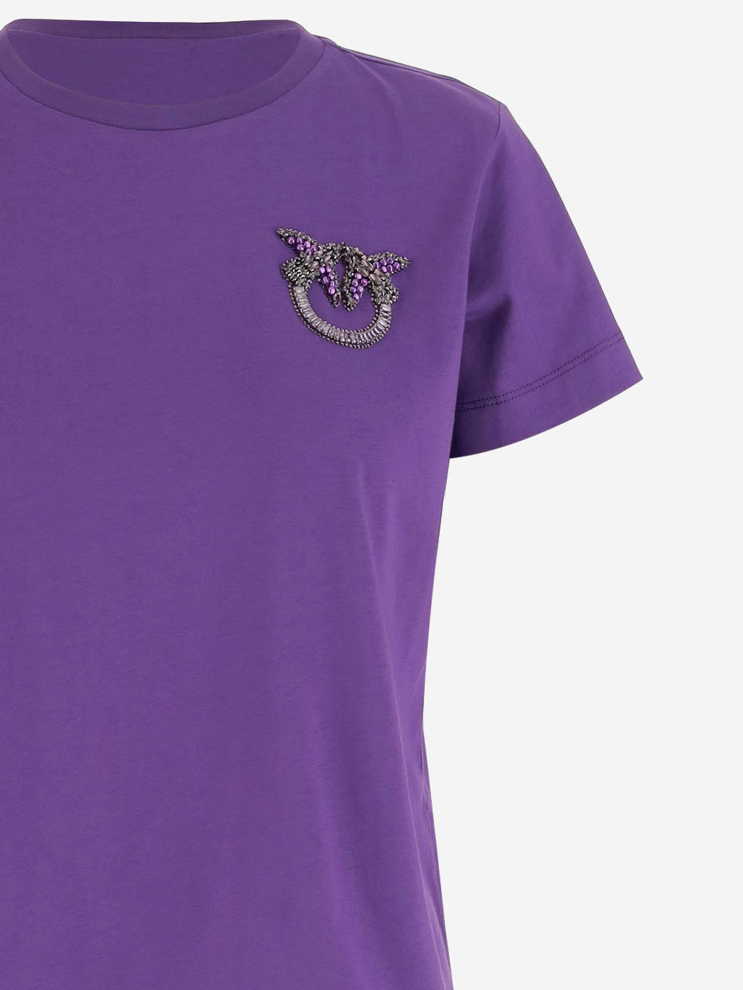 Pinko Cotton T-shirt With Love Birds Jewel Embroidery In Purple