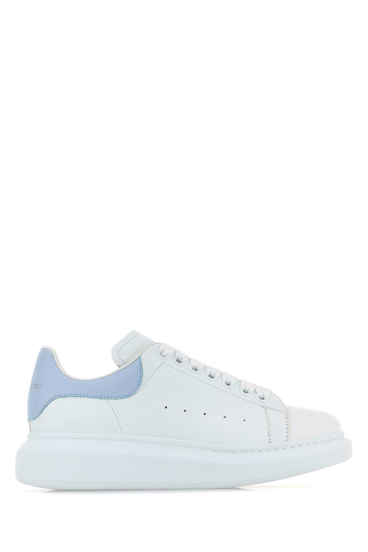 White Leather Sneakers With Light Blue Leather Heel