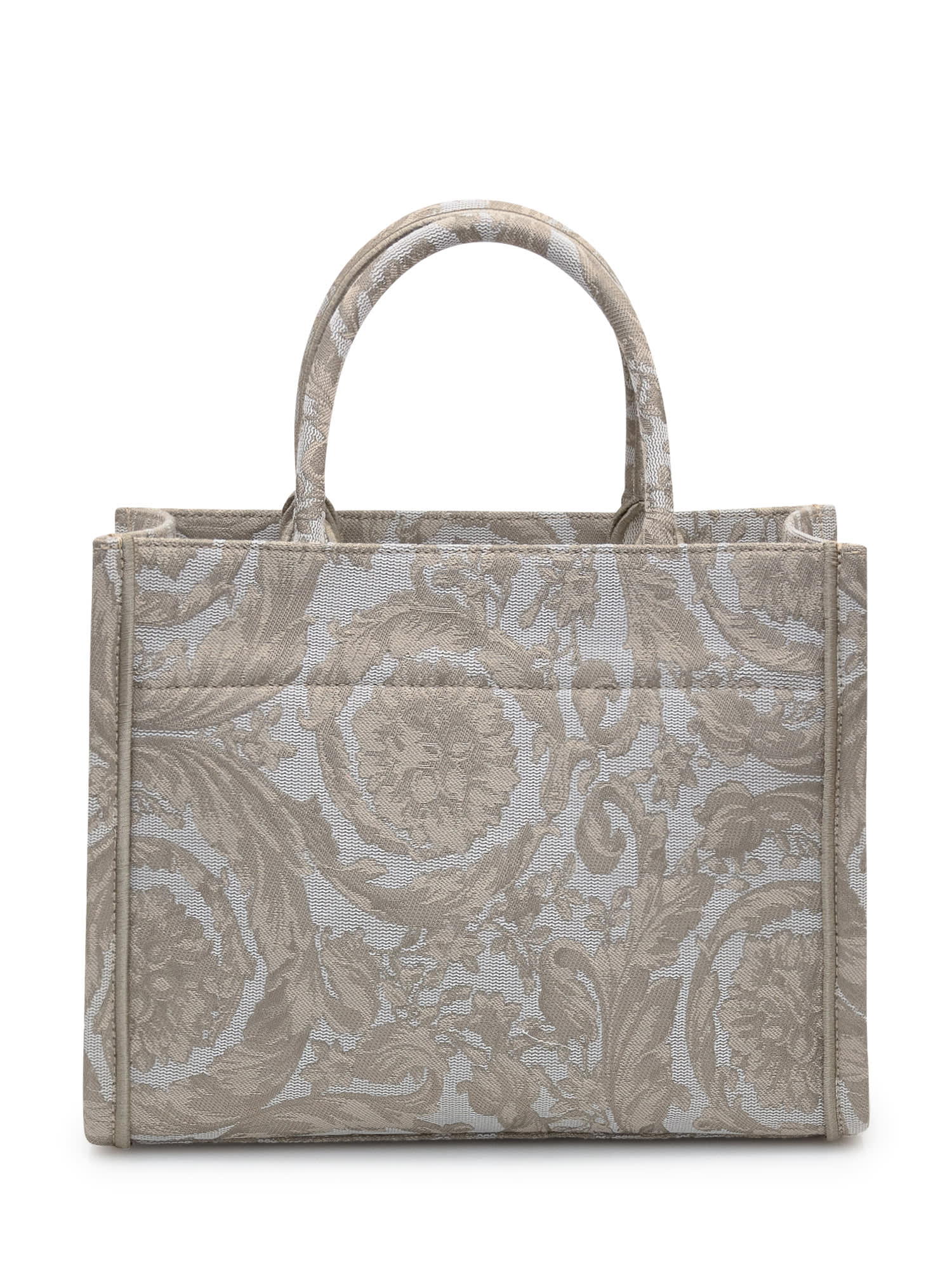 Shop Versace Small Tote Athena Barocco Bag In Beige- Gold