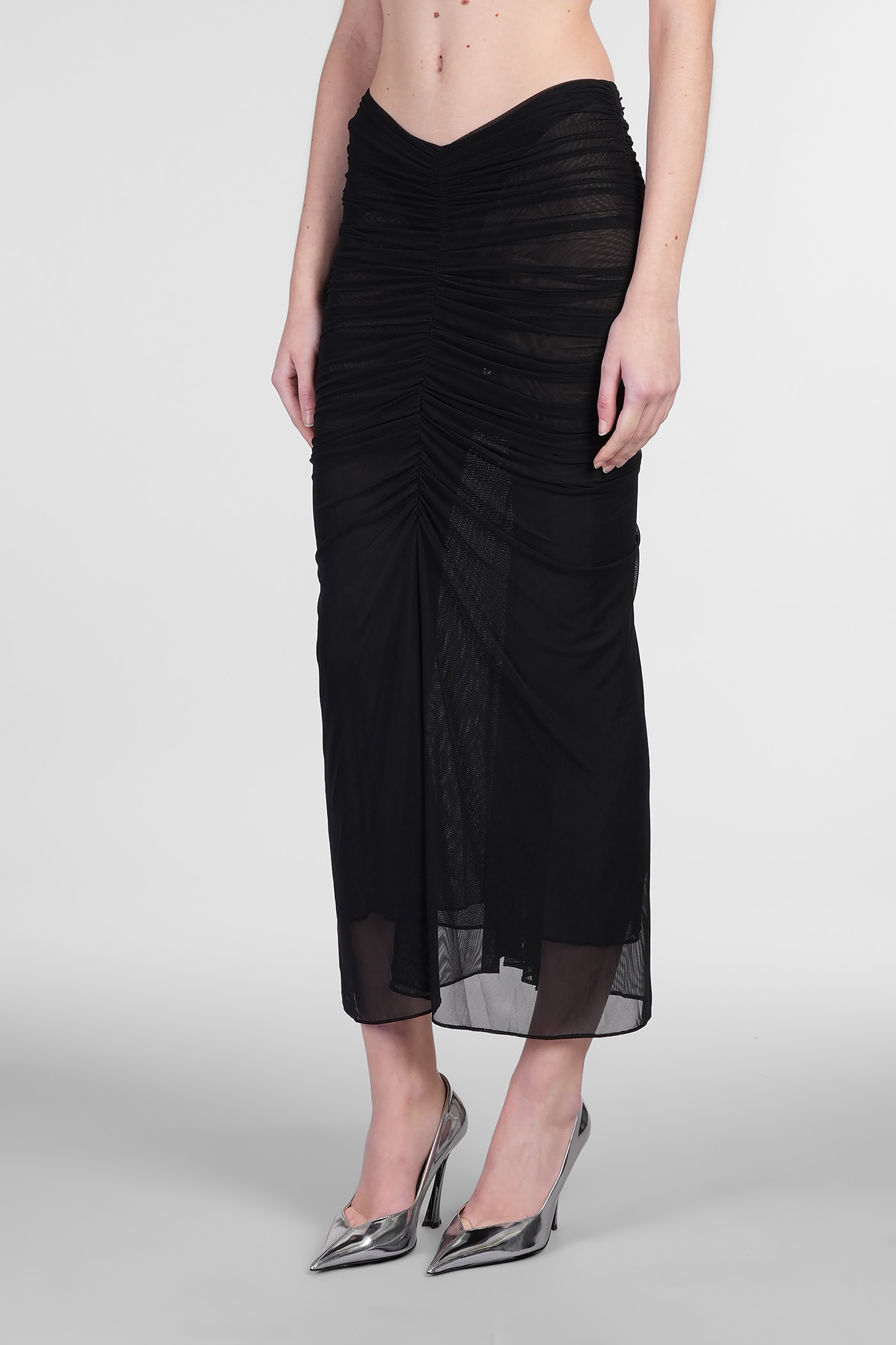 Mugler Black Ruched Mesh Midi Skirt In Black