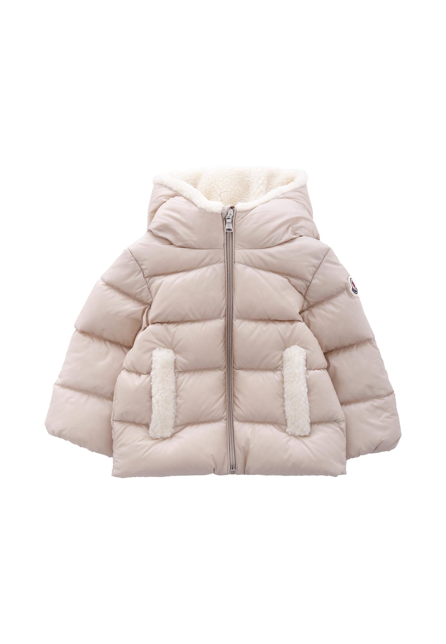 Moncler Beige Borgan Down Jacket For Babykids With Logo In Neutral