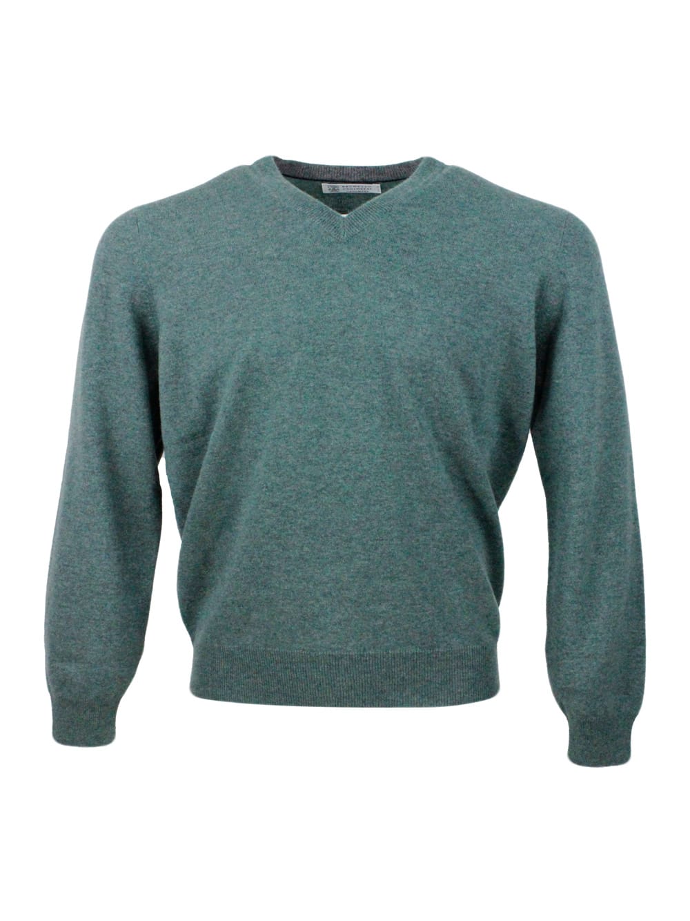 Shop Brunello Cucinelli Long-sleeved V-neck Sweater In Fine 100% Cashmere With Contrasting Piping On The Cuff In Green