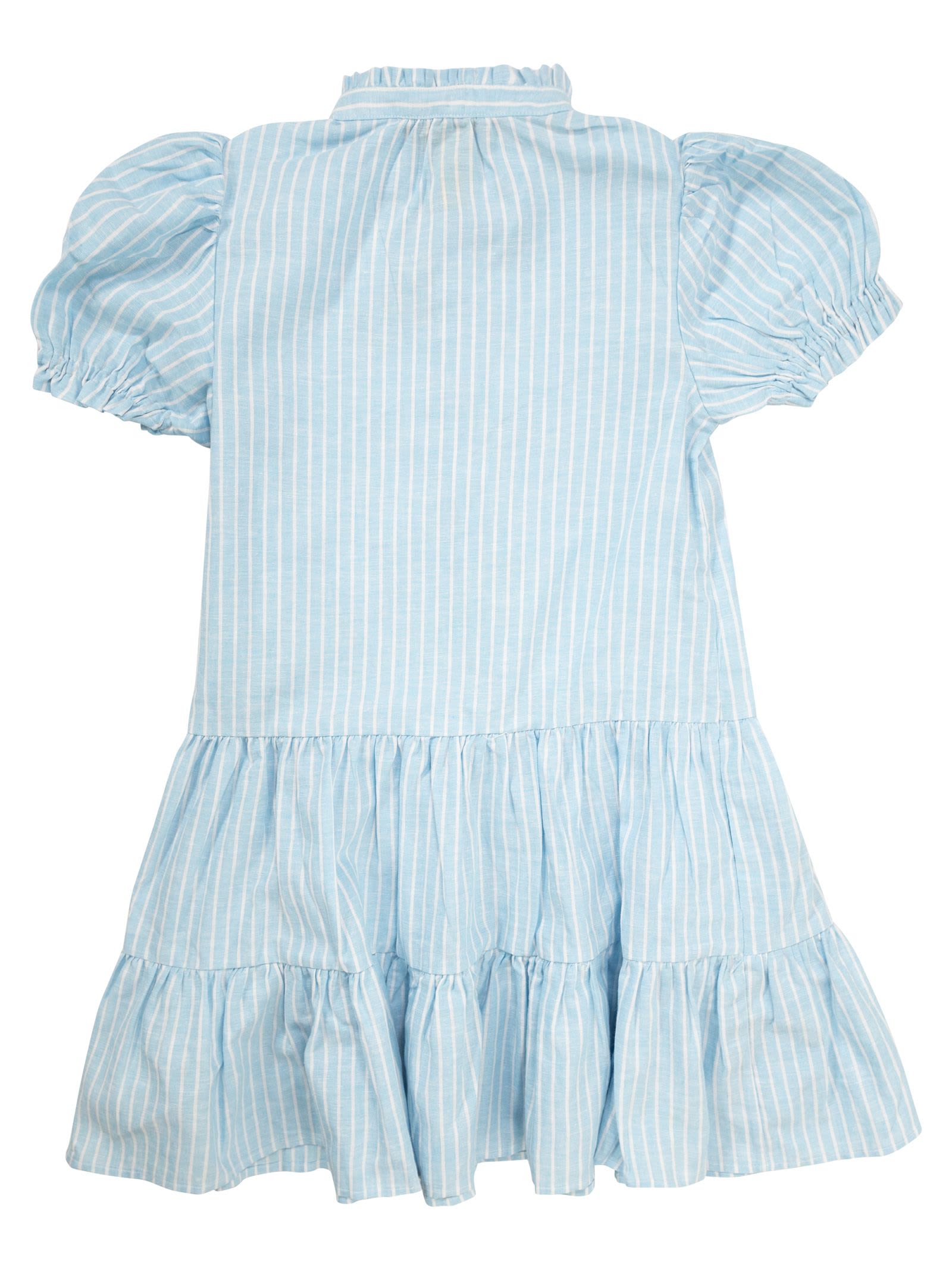 Polo Ralph Lauren Linen And Cotton Striped Dress With Flounces In Blue