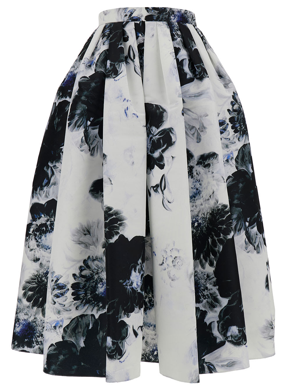 ALEXANDER MCQUEEN BLACK AND WHITE MIDI SKIRT WITH CHIAROSCURO PRINT IN PLEATED FABRIC WOMAN