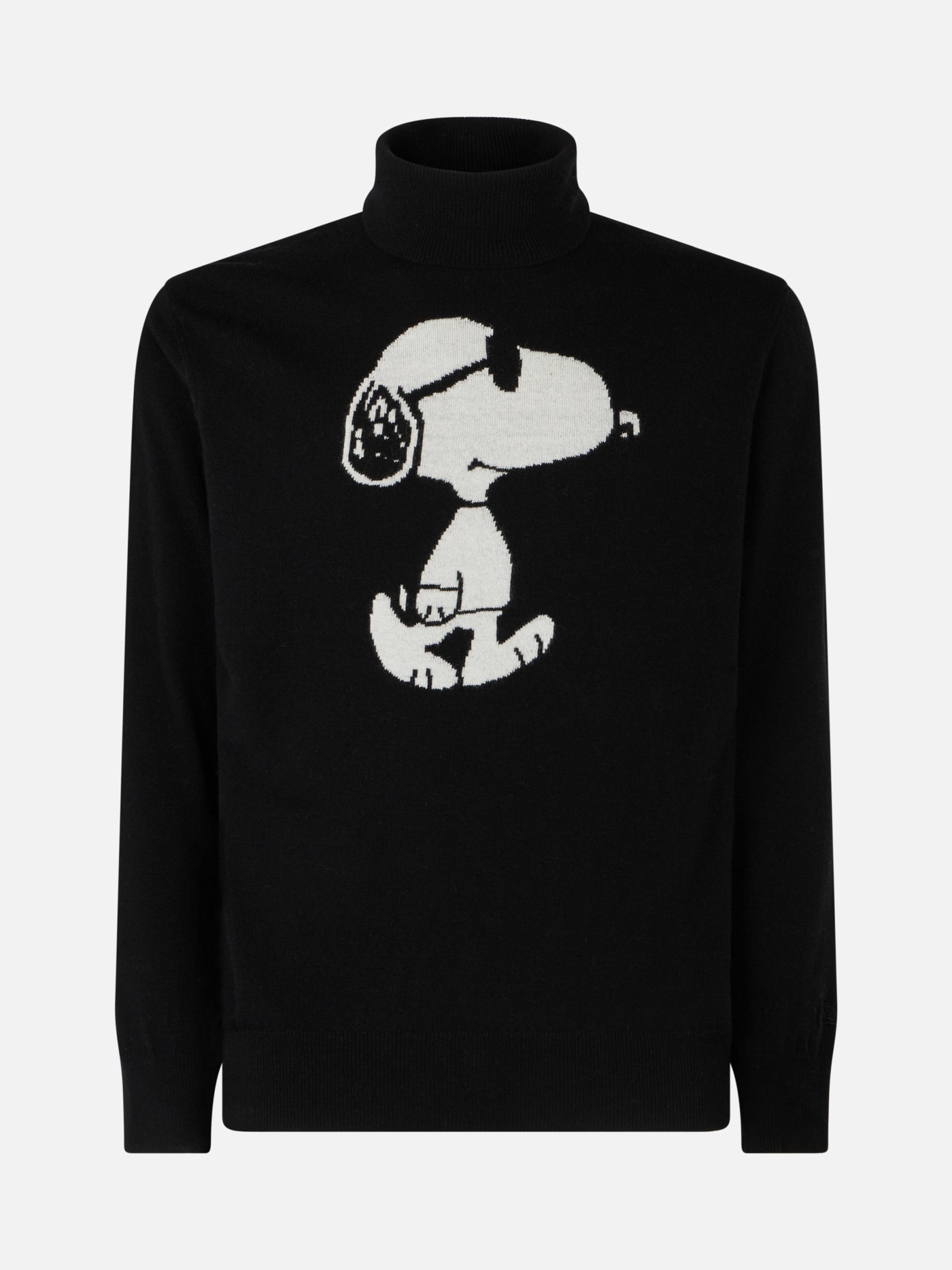 Mc2 Saint Barth Man Turtleneck Sweater With Snoopy Jacquard Print Snoopy - Peanuts Special Edition In Black