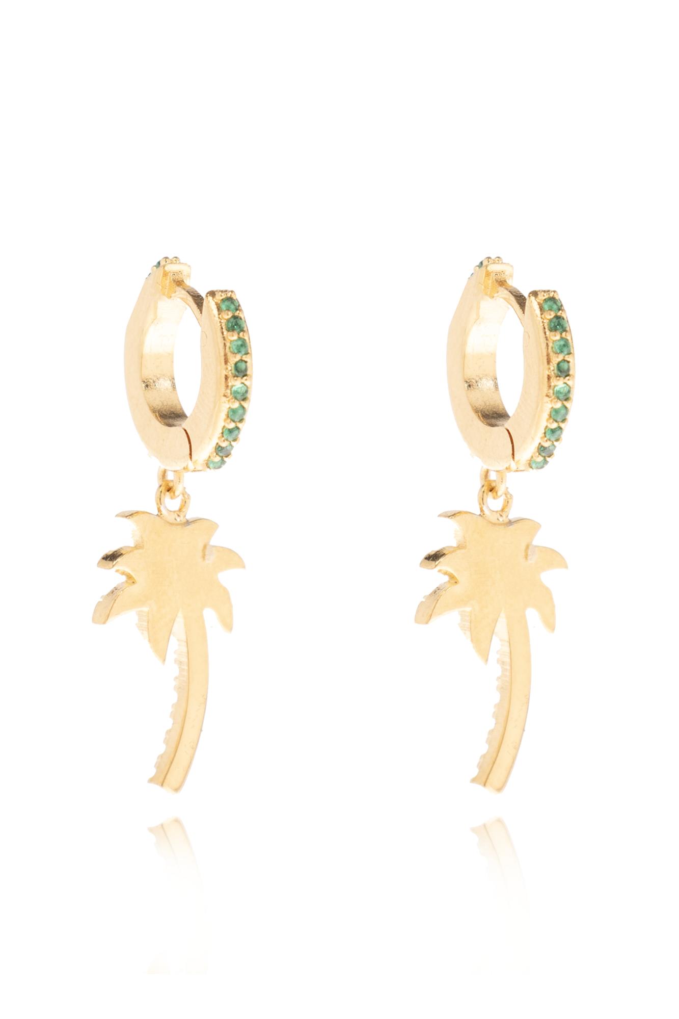 Shop Palm Angels Earrings With Logo In Green/gold