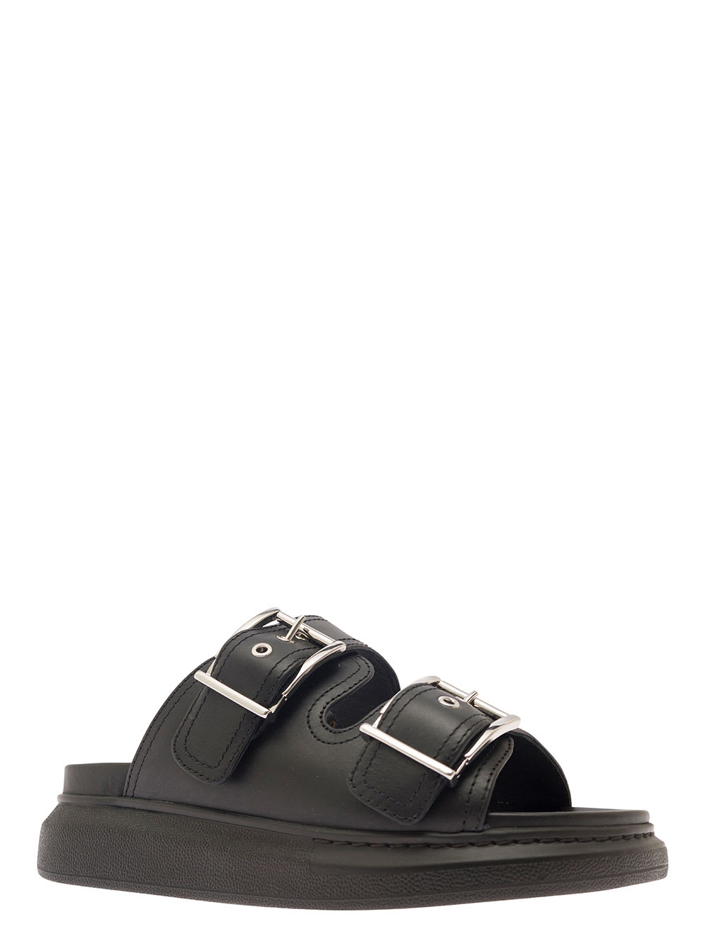 Shop Alexander Mcqueen Black Sandals With Double-straps In Leather Woman