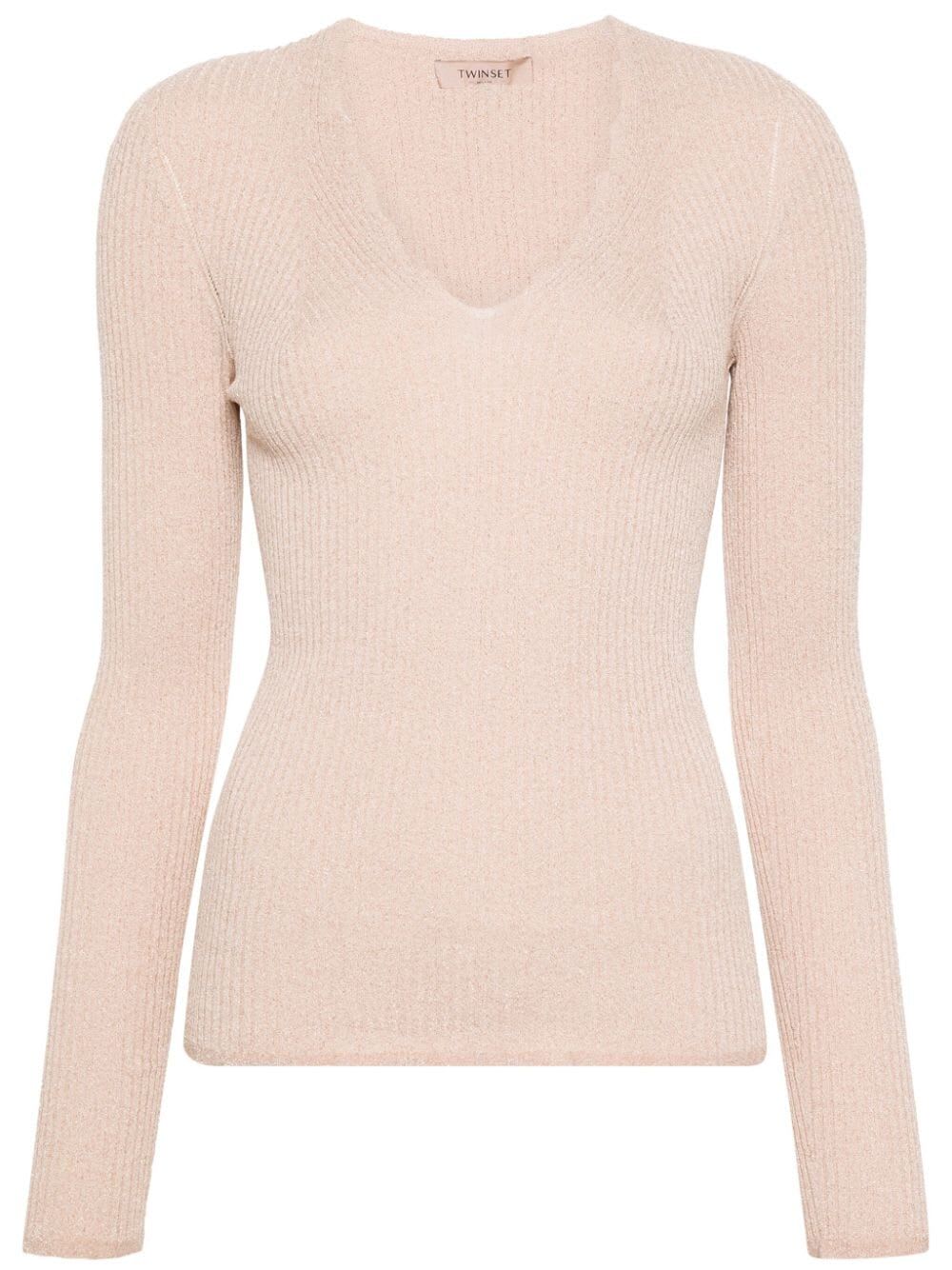 Shop Twinset V Neck Ribbed Sweater In Lurex Cupcake Pink