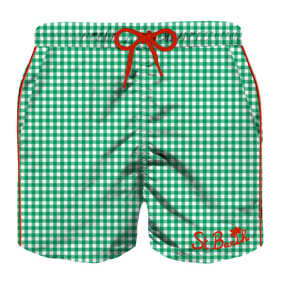 Shop Mc2 Saint Barth Boy Swim Shorts With Gingham Print In Green