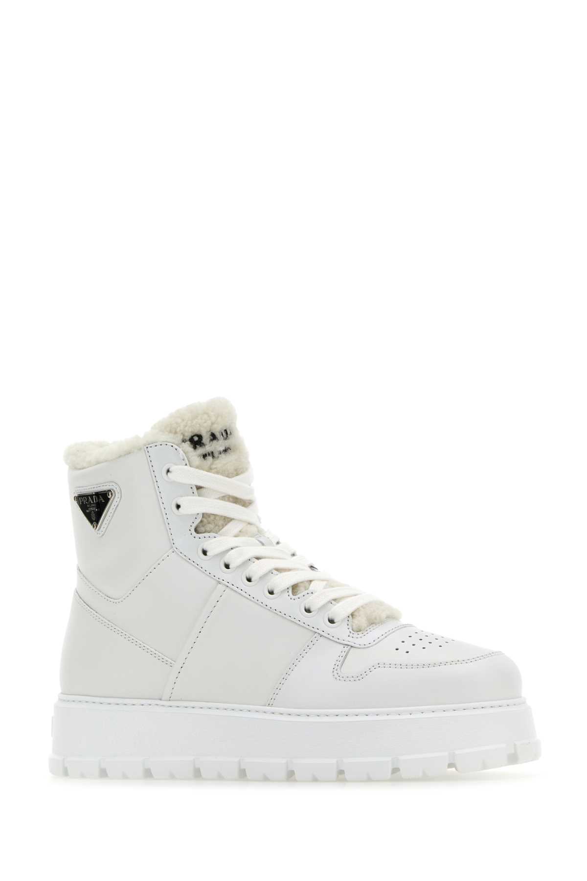Shop Prada White Leather Sneakers In Bianco