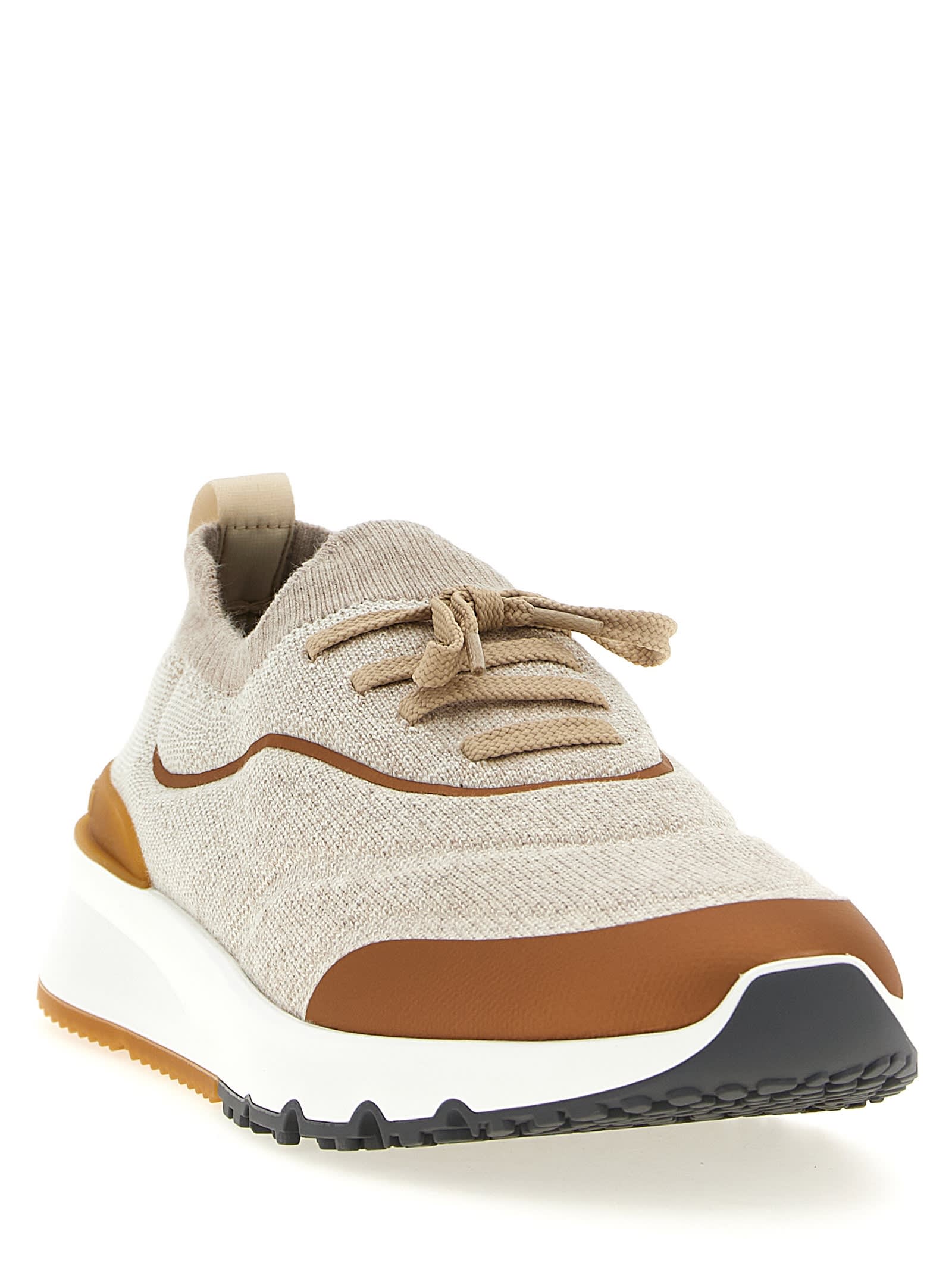 Brunello Cucinelli Canvas Sneakers With Contrasting Toe Cap In Neutral