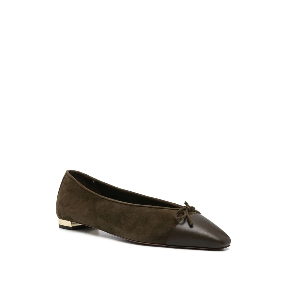 Aquazzura Gioia Bow-detailed Leather-trimmed Suede Ballet Flats In Green