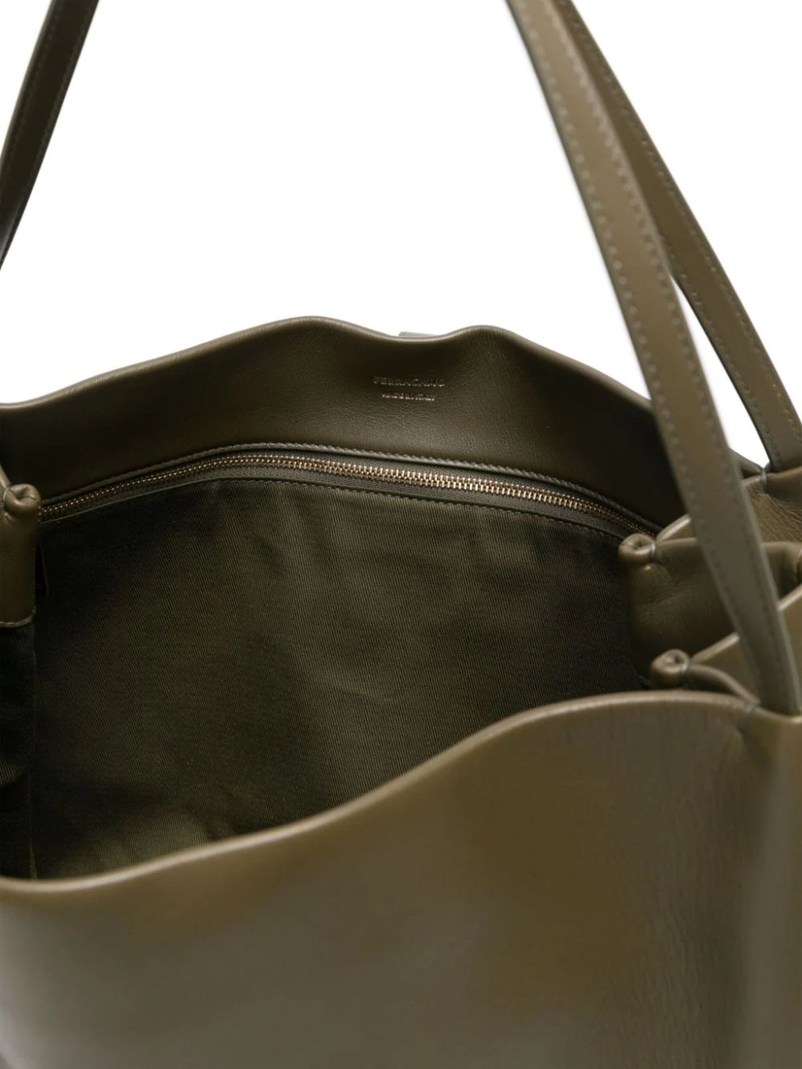 Shop Ferragamo Olive Green Medium Leather Tote Bag