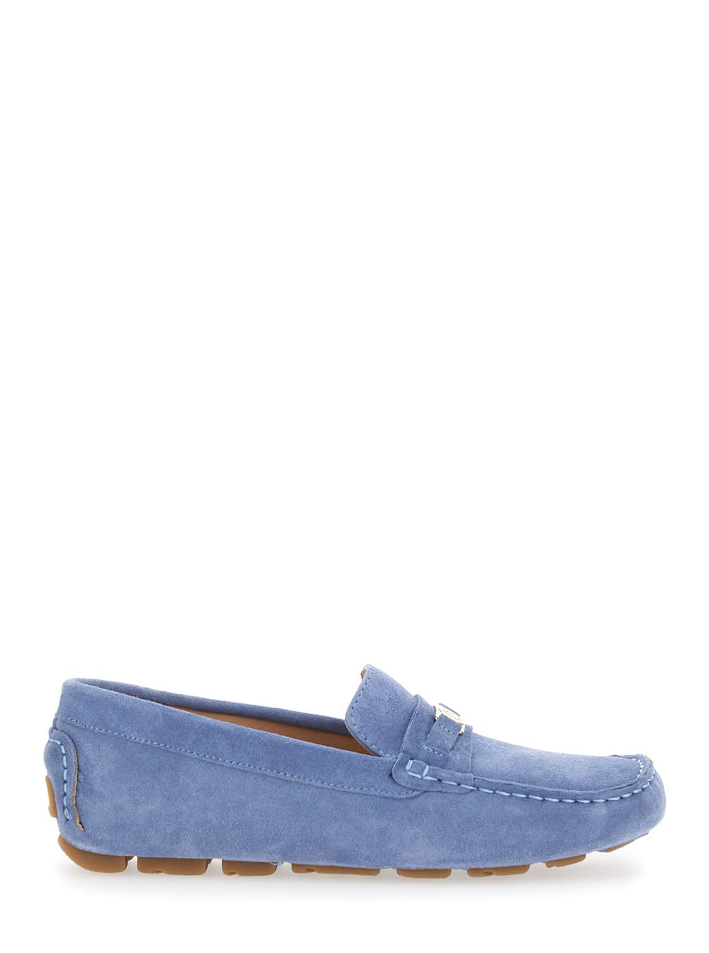 Blue Loafers With Logo Plaqe On The Front In Grained Leather Woman