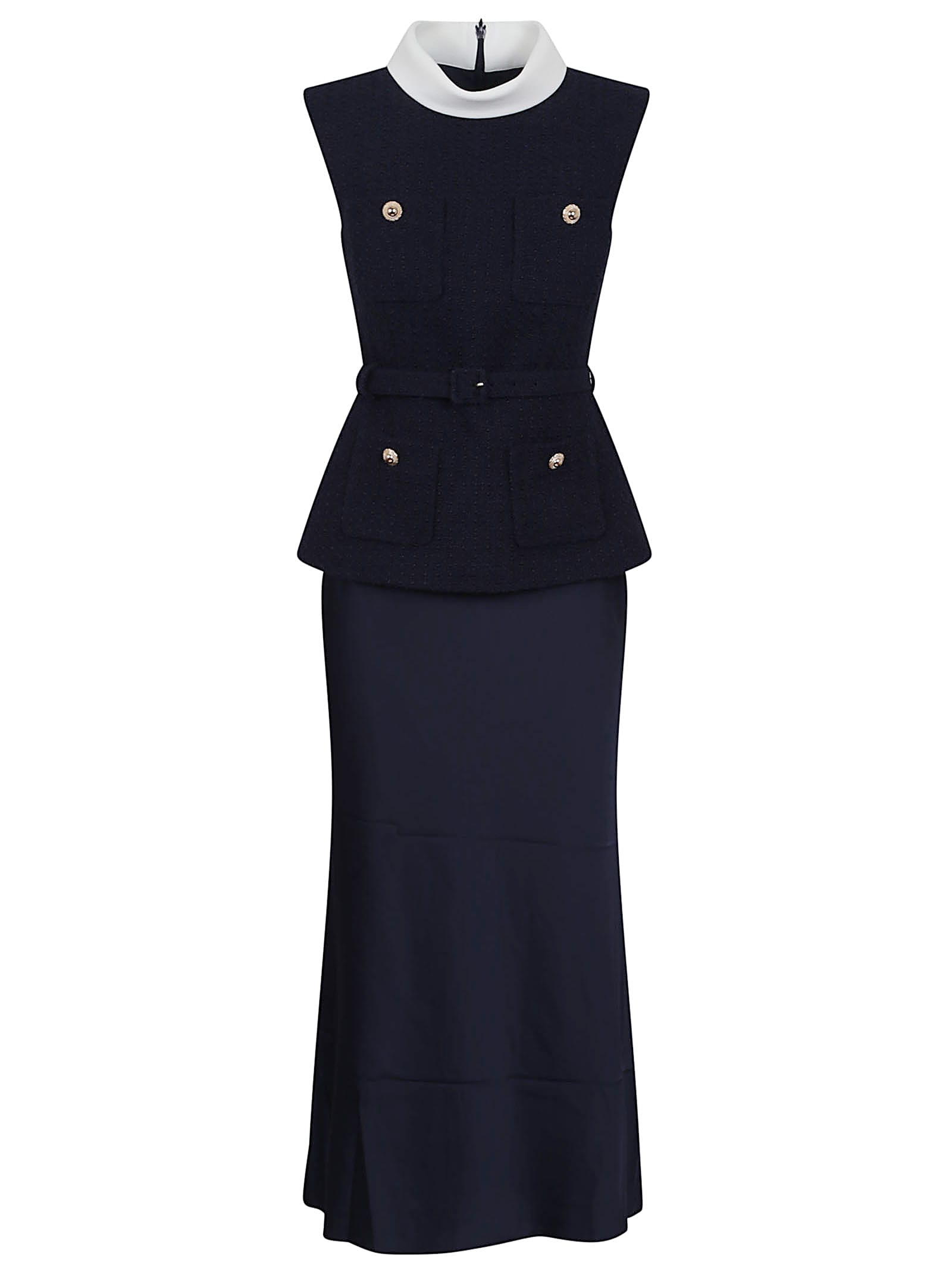 Self-portrait Navy Boucle Sleeveless Midi Dress In Blue