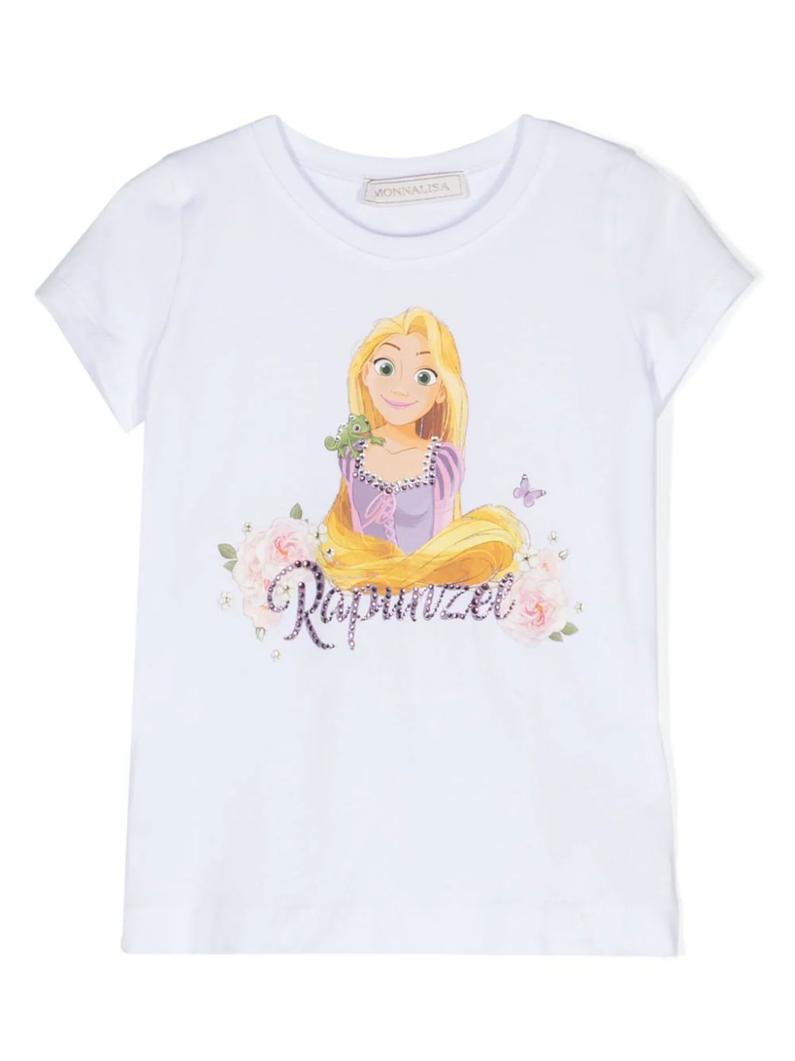 Monnalisa Cartoon-print Crystal-embellished T-shirt In Bianco