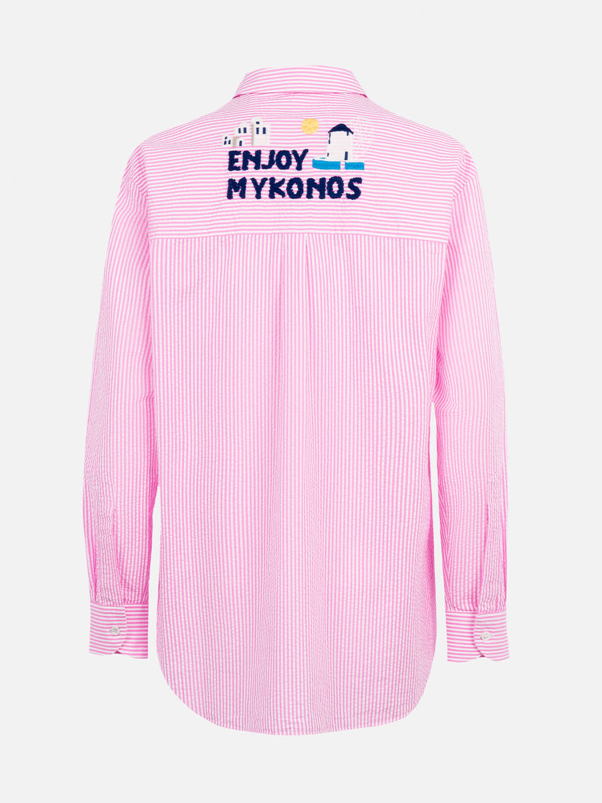 Mc2 Saint Barth Woman Striped Seeruscker Cotton Over Shirt Brigitte With Front And Back Mykonos Embroidery In Pink