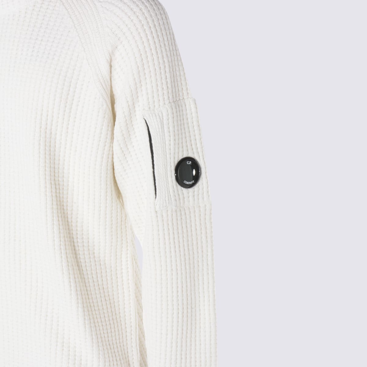 C.p. Company Long Sleeve Ribbed Crewneck With Arm Patch In White