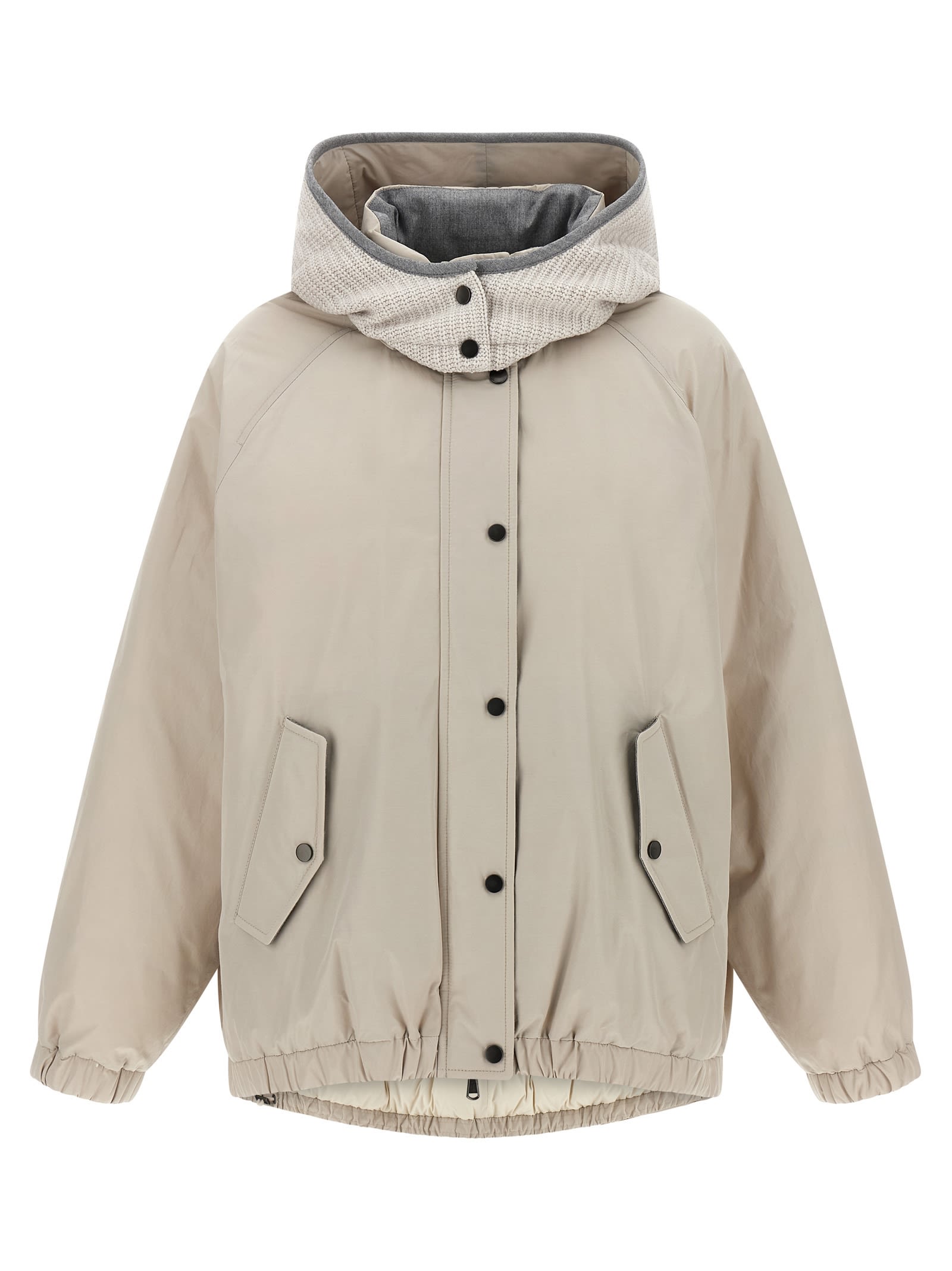 Brunello Cucinelli Women Water-repellent Techno Cotton Taffeta Down Jacket With Hood In Neutral