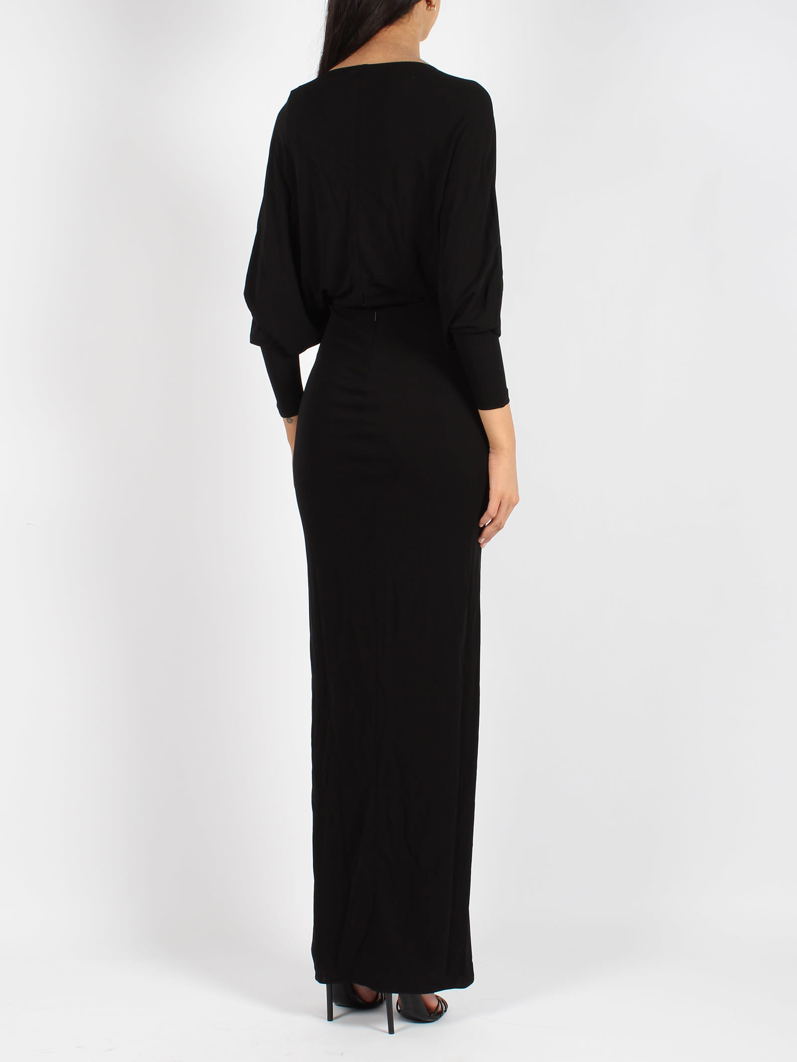 Saint Laurent Viscose Long Dress With Velvet Texture In Black
