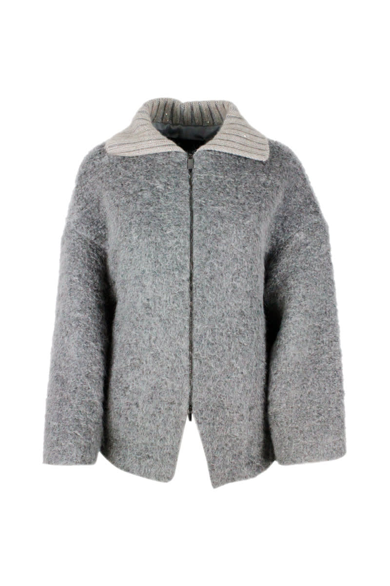 Fabiana Filippi Oversized Jacket In Mohair Boucl?With Knitted Collar Embellished With Micro Sequins