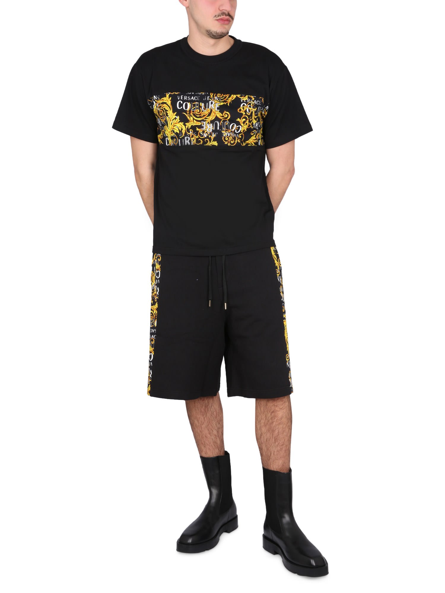Shop Versace Jeans Couture Bermuda With Logo In Nero