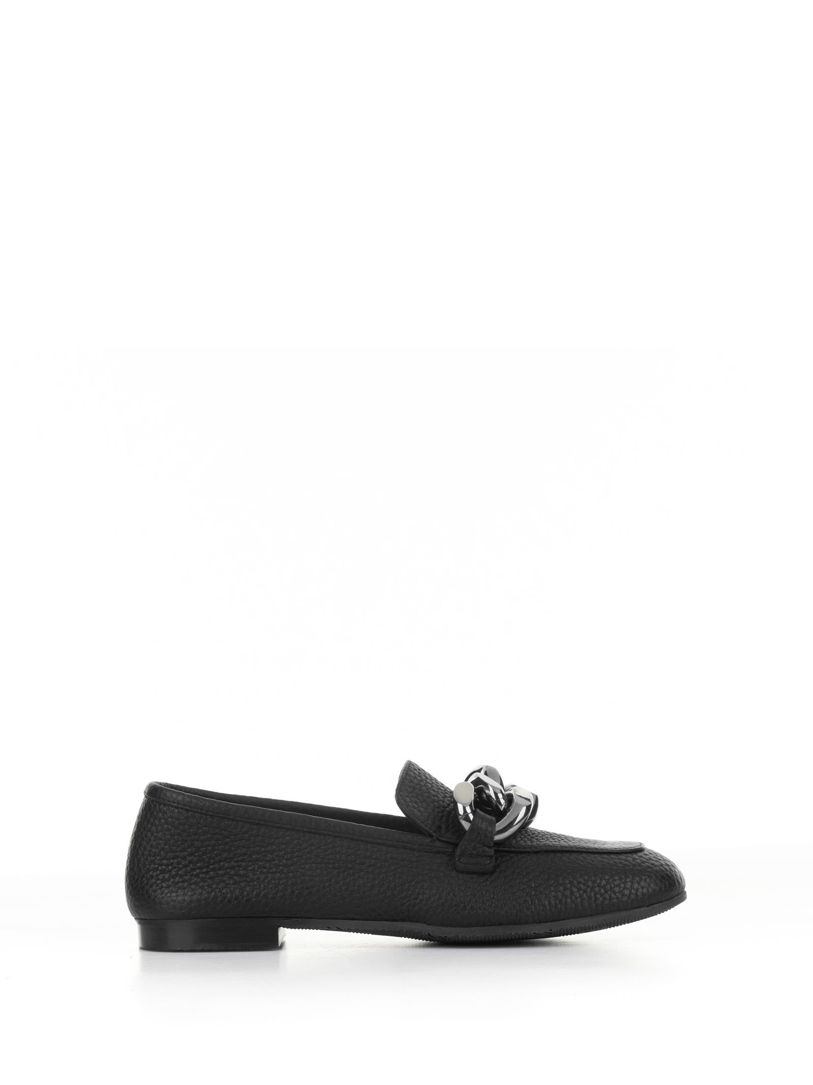 Casadei Hammered Leather Moccasin With Chain In Nero