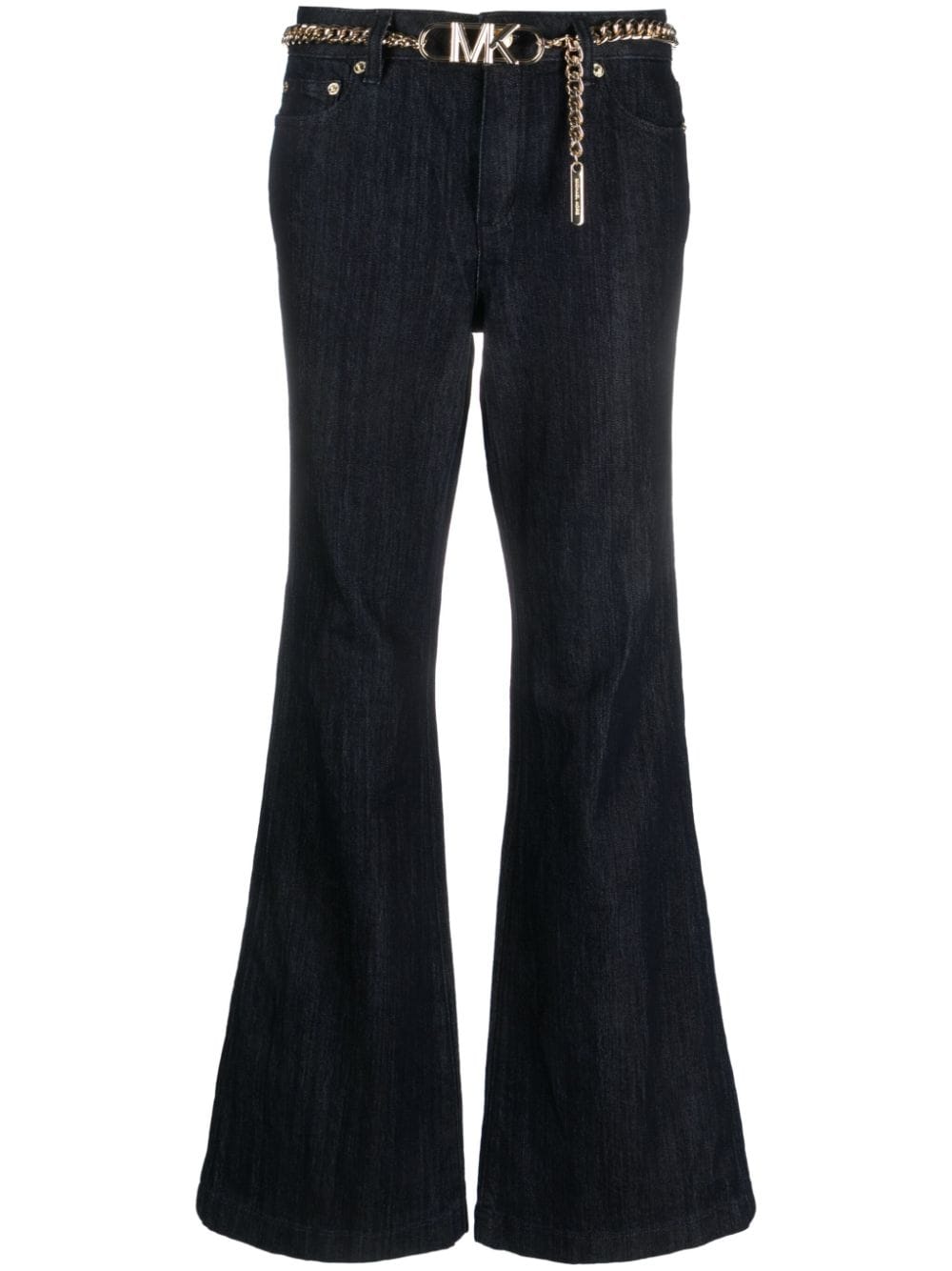 Michael Michael Kors Flare Chain Belt Denim Jeans In Indigo Rinse