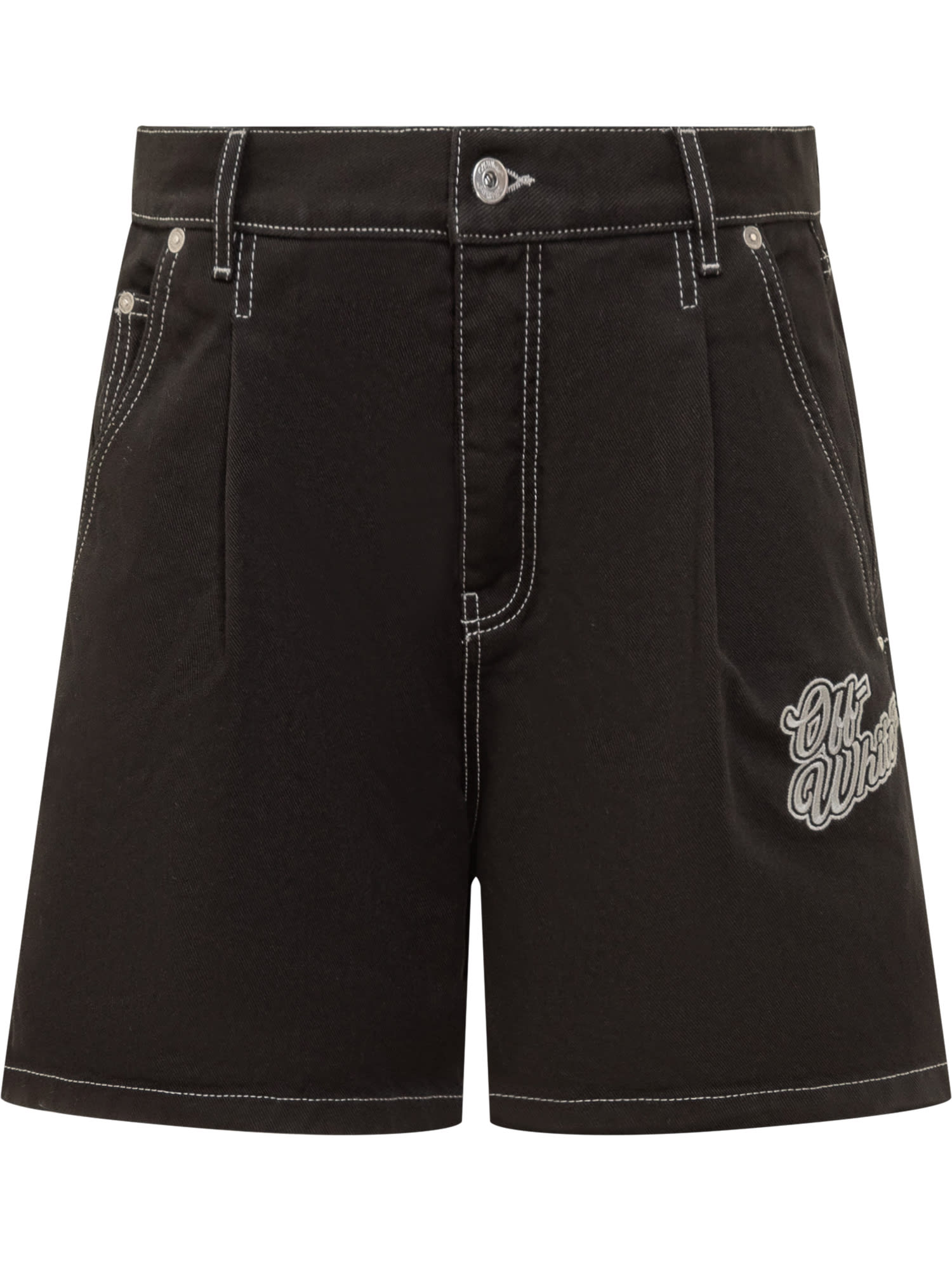 Shop Off-white Denim Shorts With Logo In Raw Black Angora