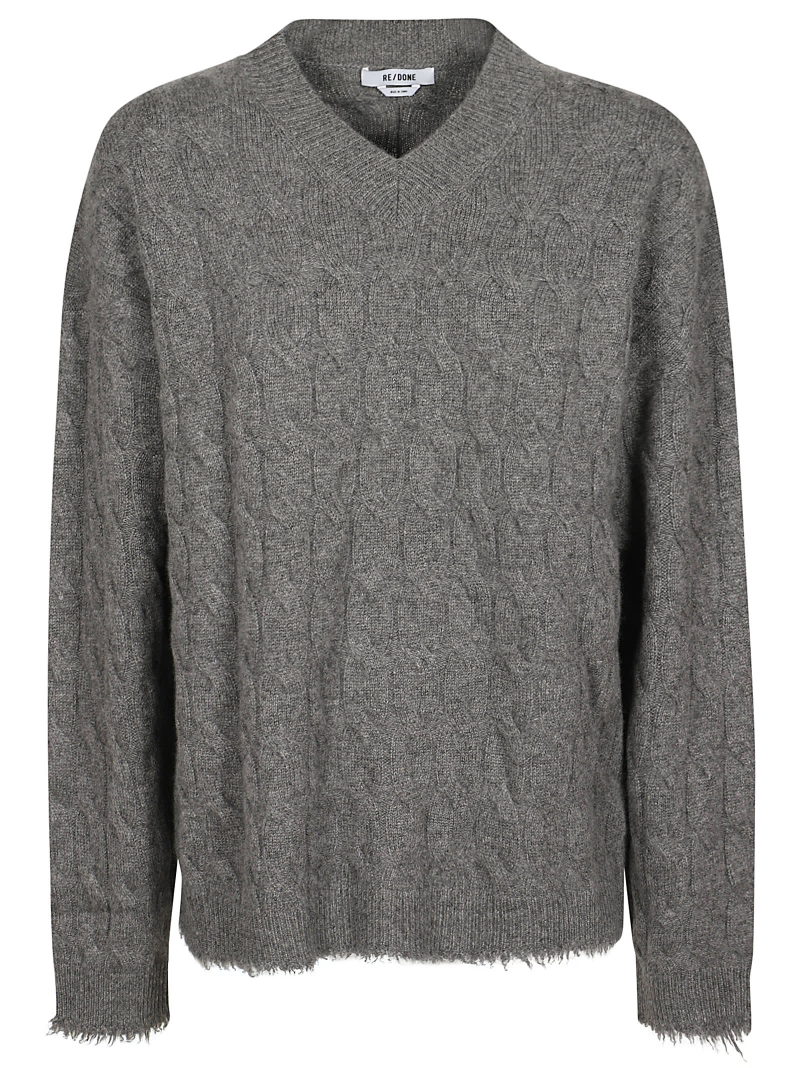 Re/done Cashmere Cable V Neck Sweater In Gray