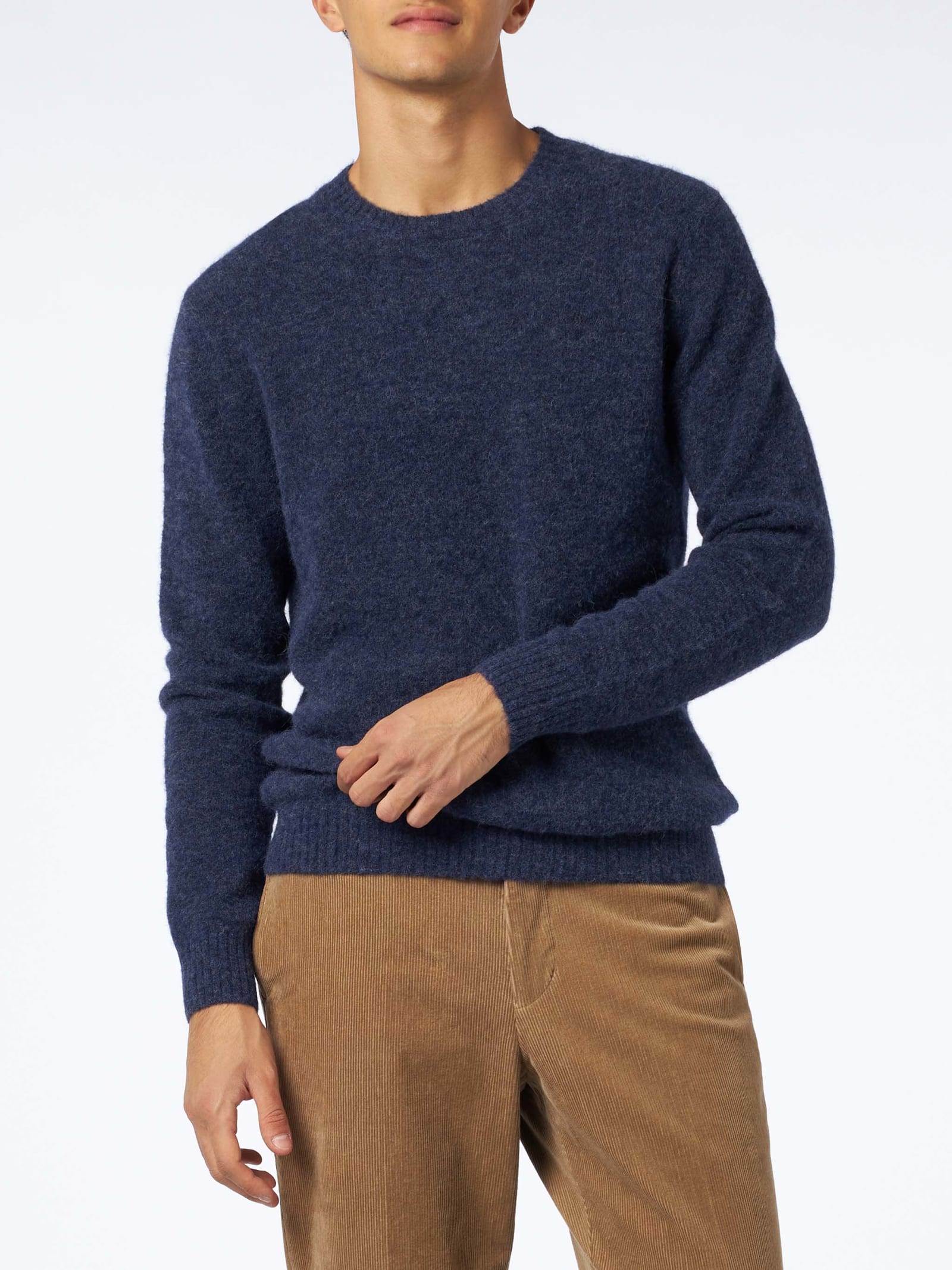 Mc2 Saint Barth Man Navy Blue Stretch Wool Sweater With St. Barth Embroidery In Blue