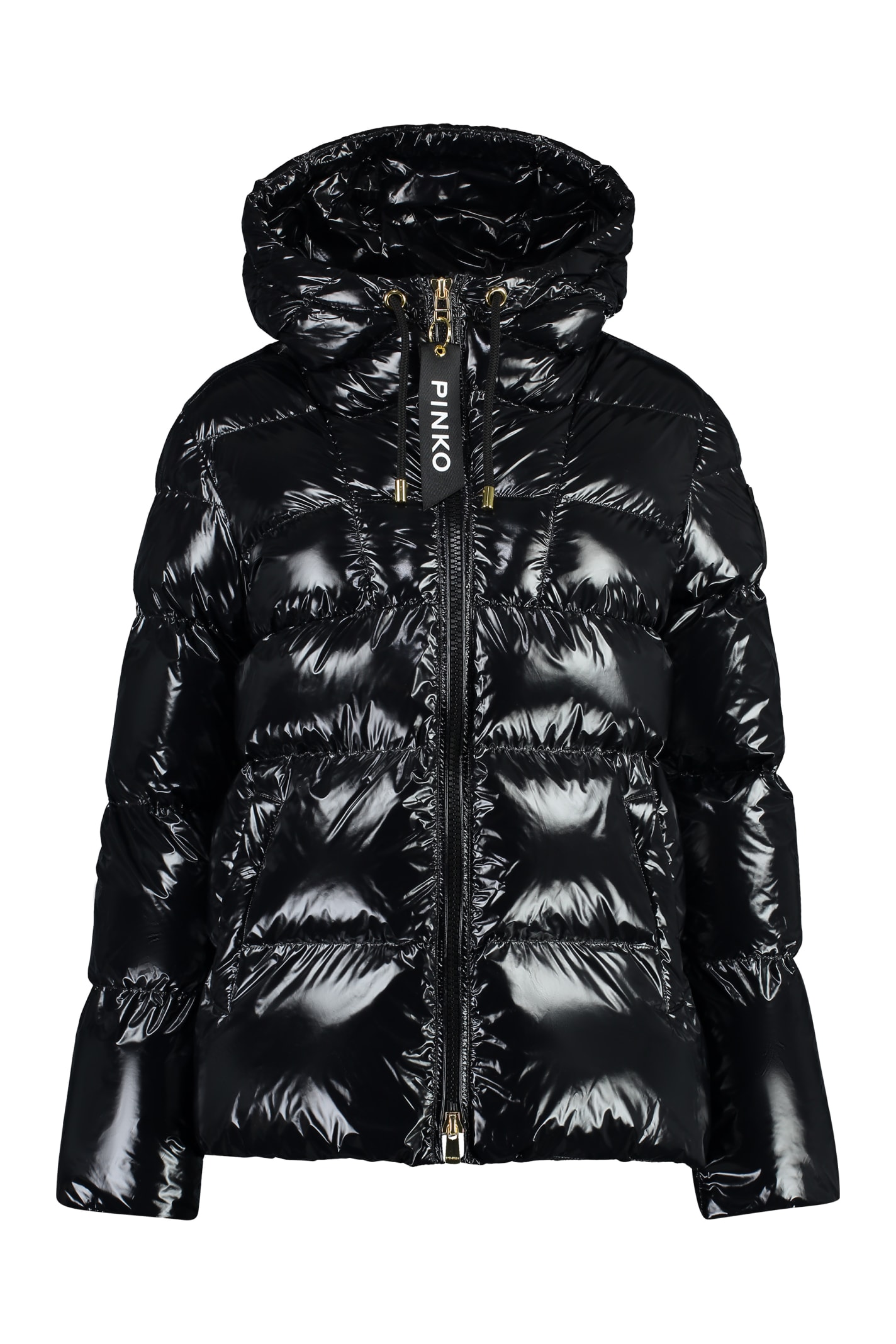 Shop Pinko Eleodoro Hooded Shiny Down Jacket  In Black