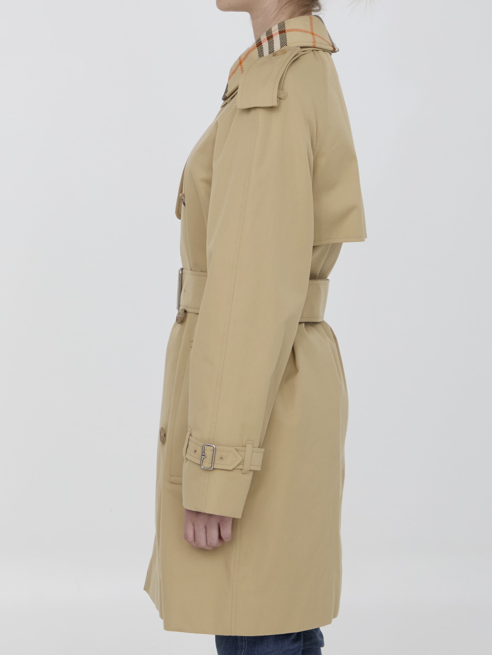 Shop Burberry Raincoat With Check Collar In Beige