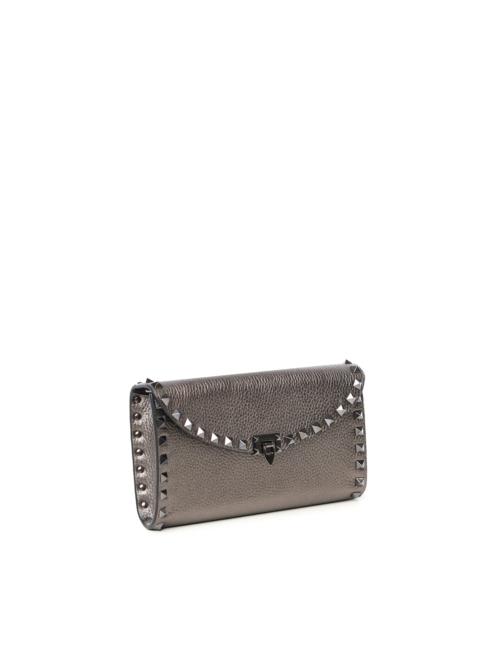 Valentino Rockstud Chain Wallets In Grained Leather In White