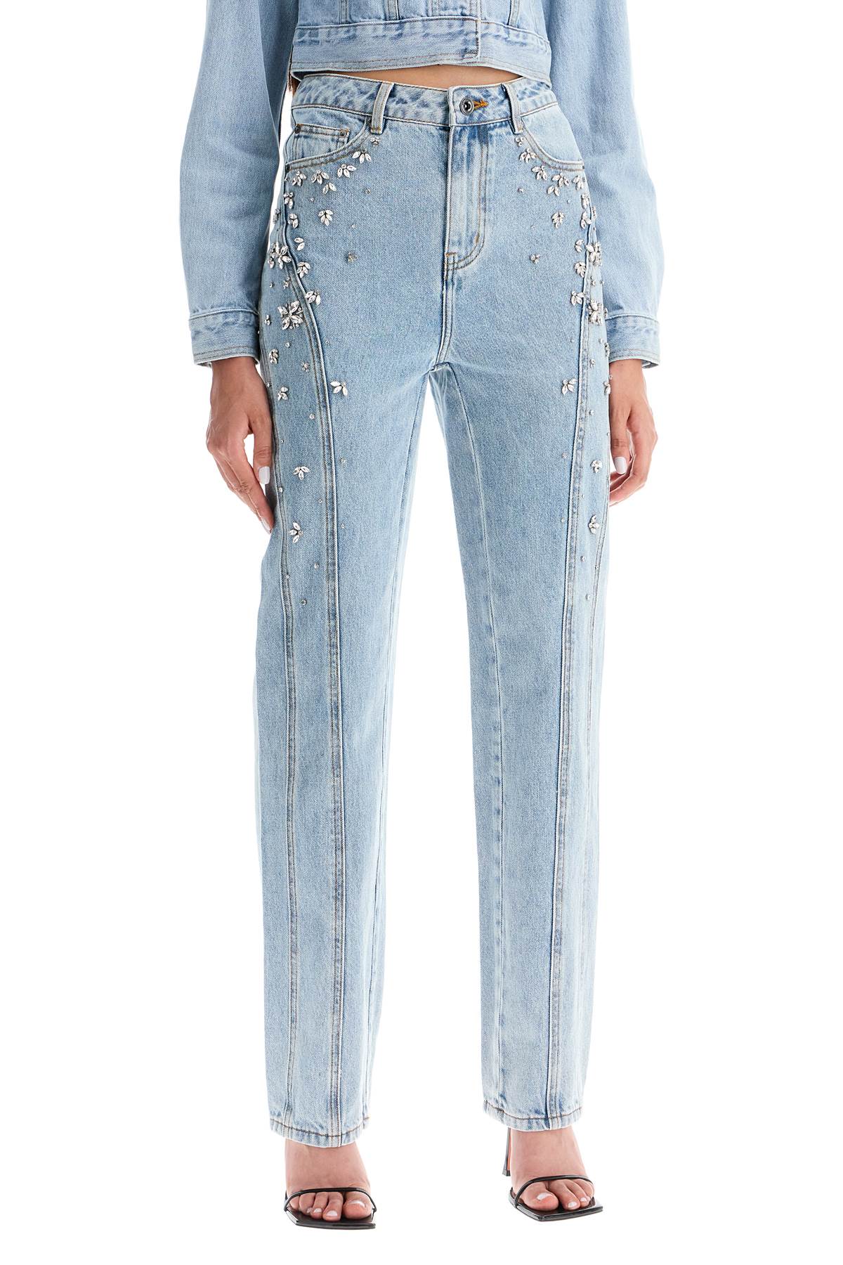 Shop Self-portrait Straight Jeans With Crystals In Light Blue (blue)