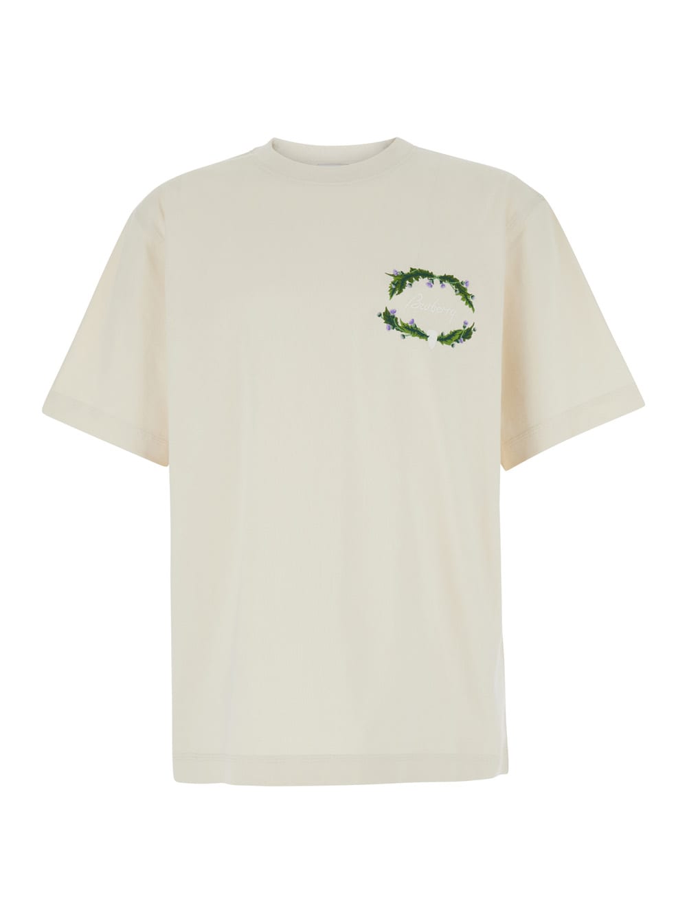 Shop Burberry White Crewneck T-shirt With Embroidered Logo On The Front In Cotton Man