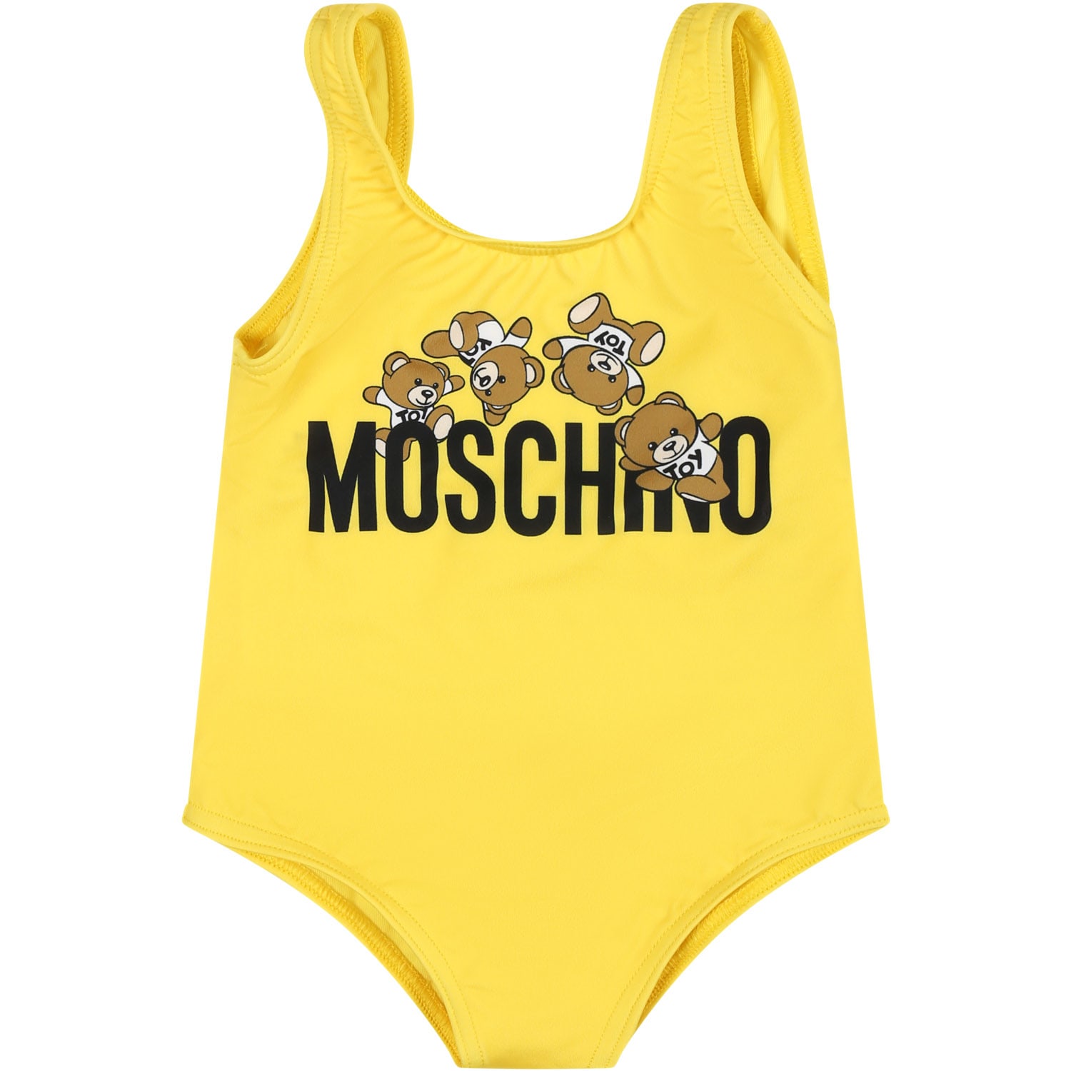 Moschino Yellow One-piece Swimsuit For Baby Girl With Logo And Teddy Bear