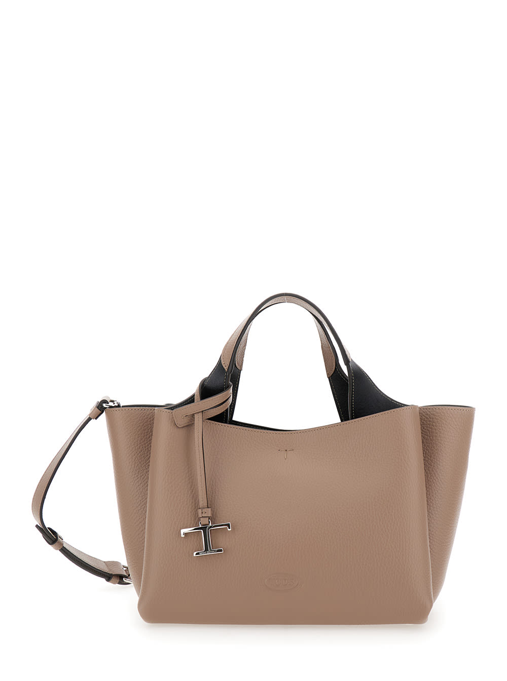 Shop Tod's Beige Handbag With Embossed Logo And T Timeless Charm In Grainy Leather Woman In Black