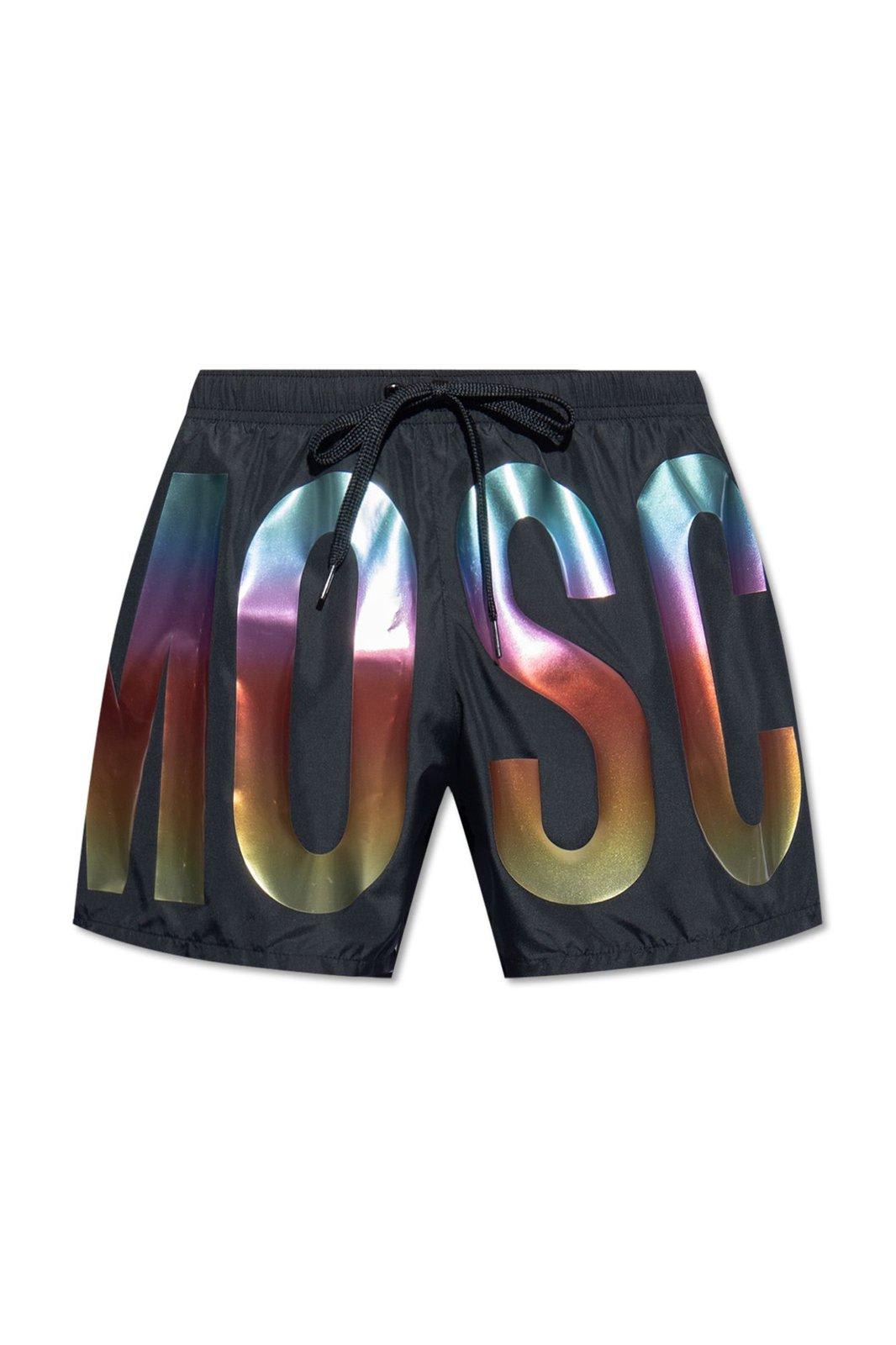 Shop Moschino Logo Printed Swimming Shorts In Nero E Rosa