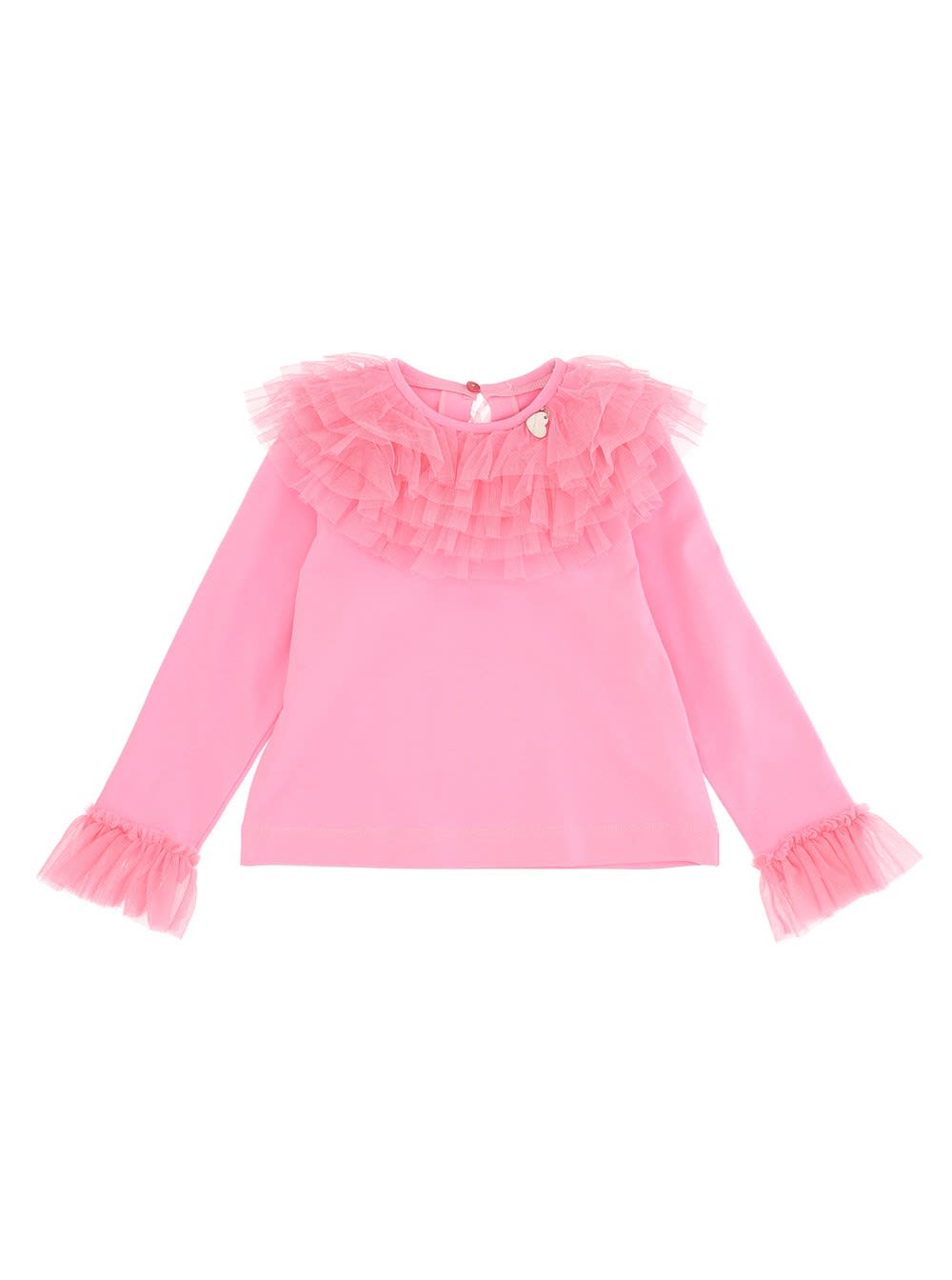 Monnalisa Pink Cotton Blouse With Tulle Details