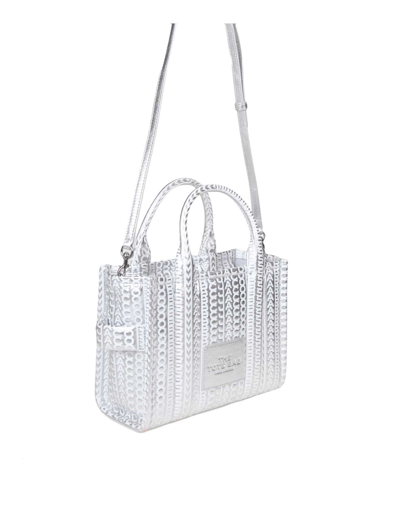 Shop Marc Jacobs The Small Tote In Monogram Laminated Leather In Silver/bright White