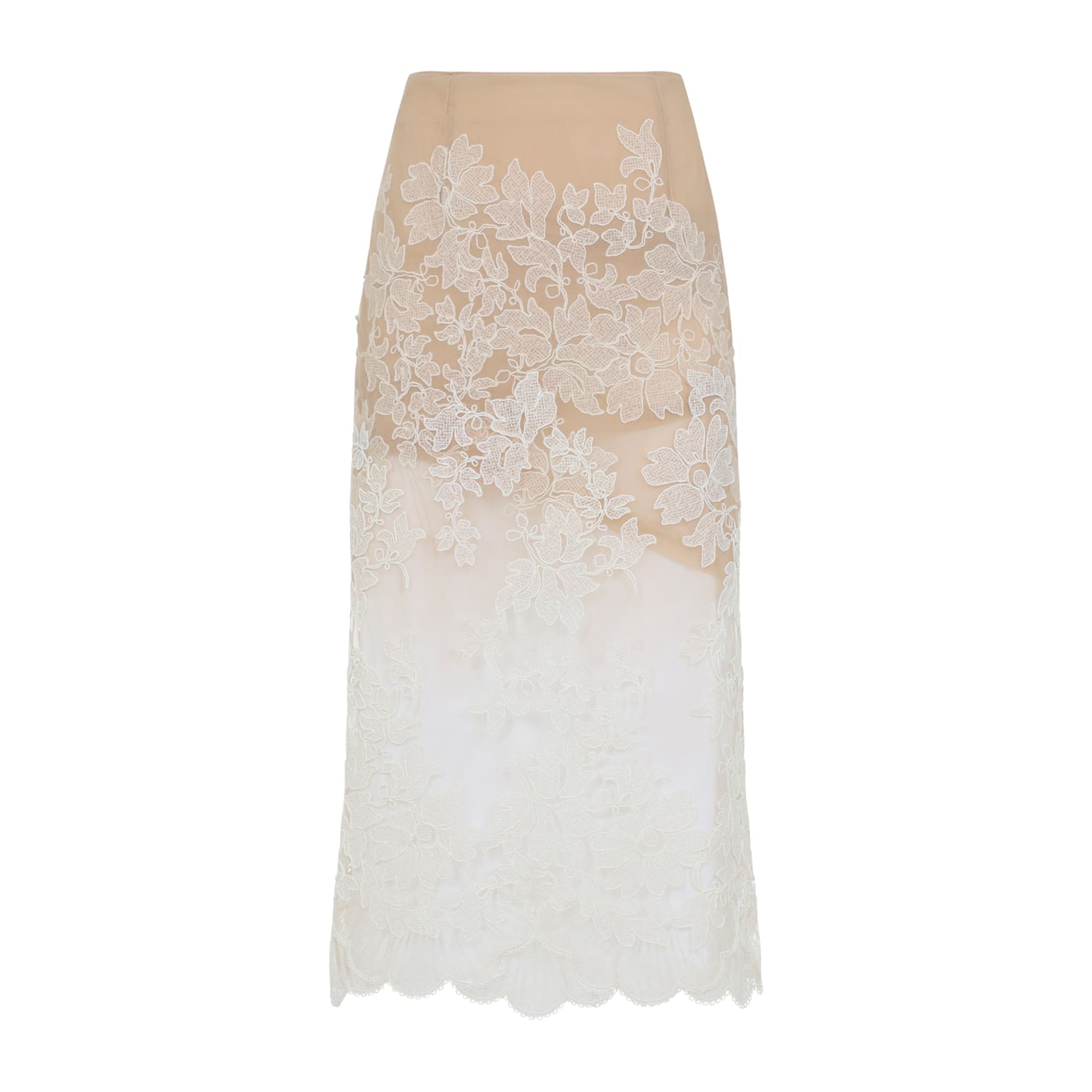 Ermanno Scervino Midi Skirt With Floral Lace Overlay In Neutral
