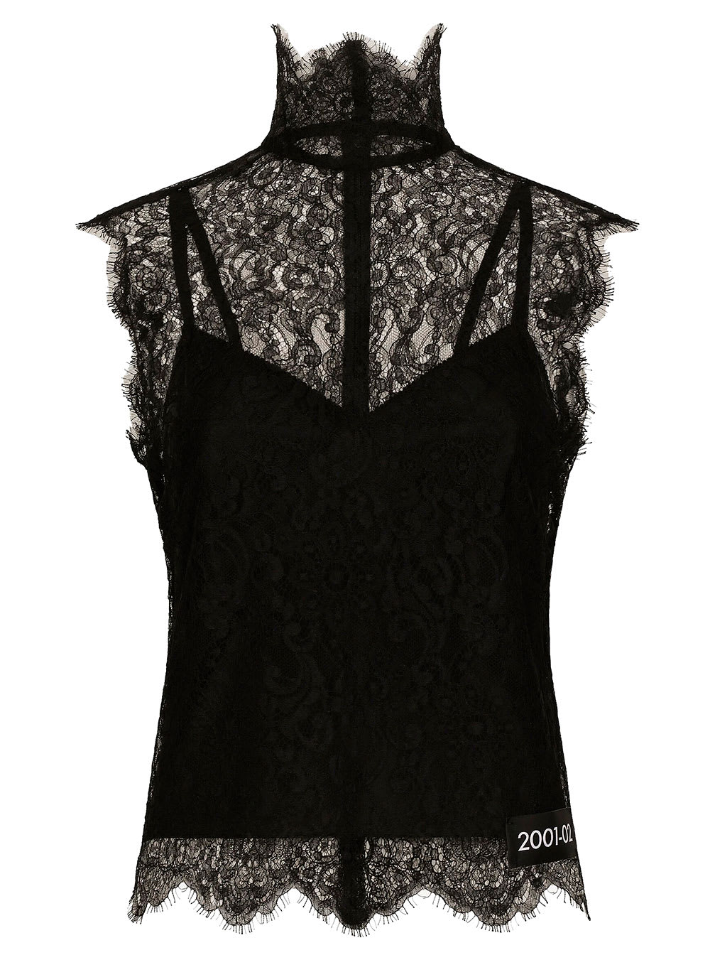 Dolce & Gabbana Black Turtle-neck Tank Top With Re-edition Patch In Chantilly Lace Woman In Black