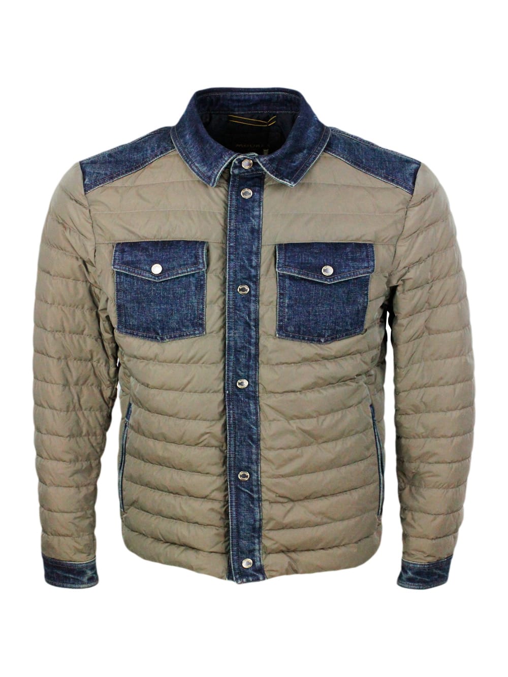 100 Gram Light Down Jacket With Denim Inserts And Details. Internal And External Side Pockets And Button Closure