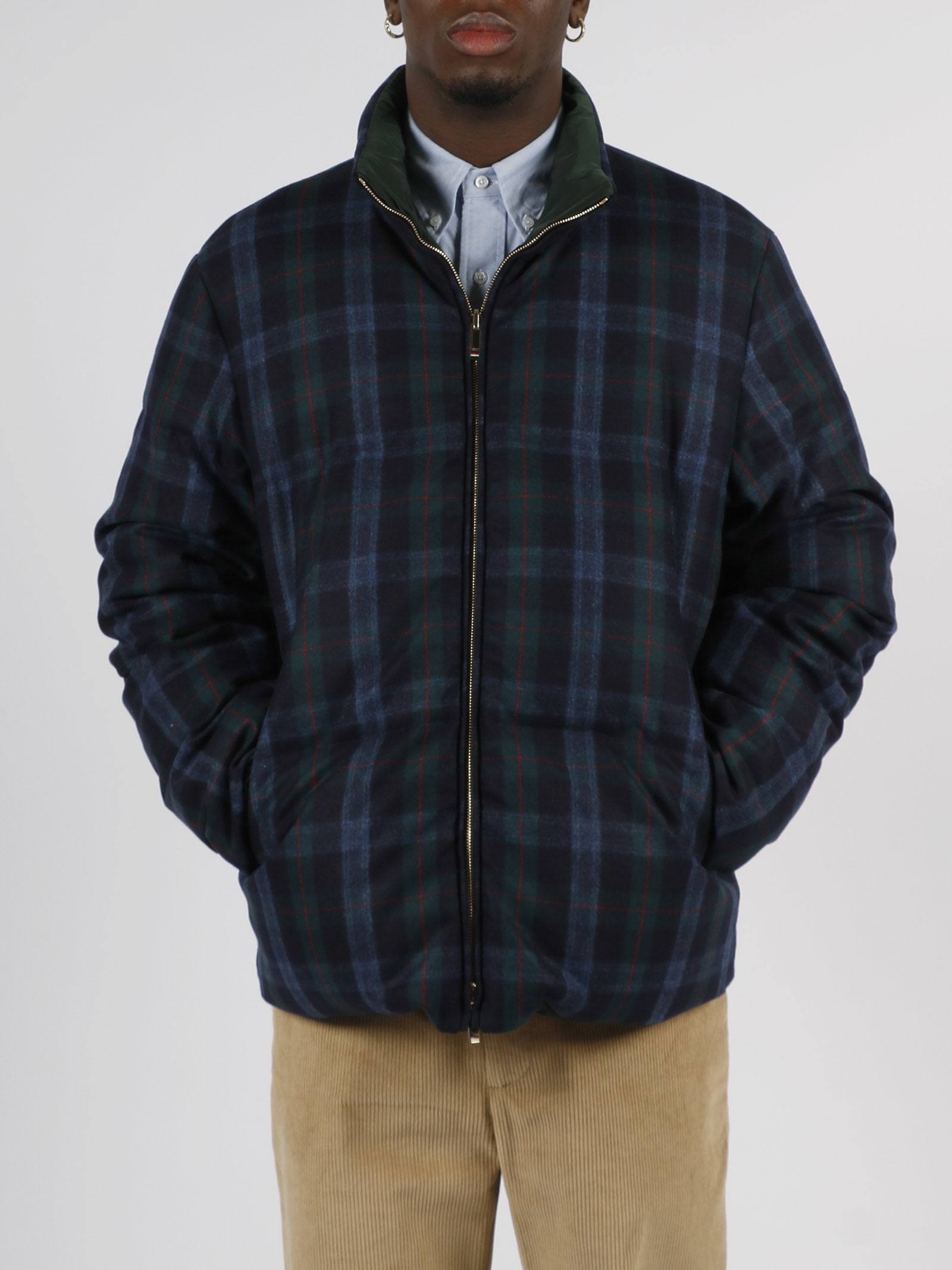 Thom Browne Wool Blend Check Reversible Puffer Jacket In Blue